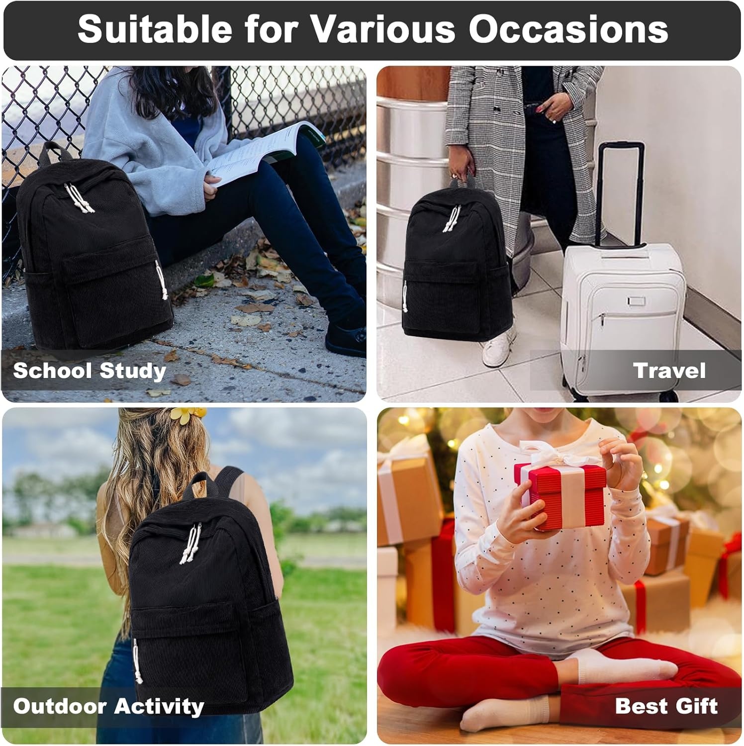 image:imageBTOOP School Backpack for Teens Large Corduroy Bookbag Lightweight 156 inch Laptop Bag for Girls Women Casual High School CollegeBlack