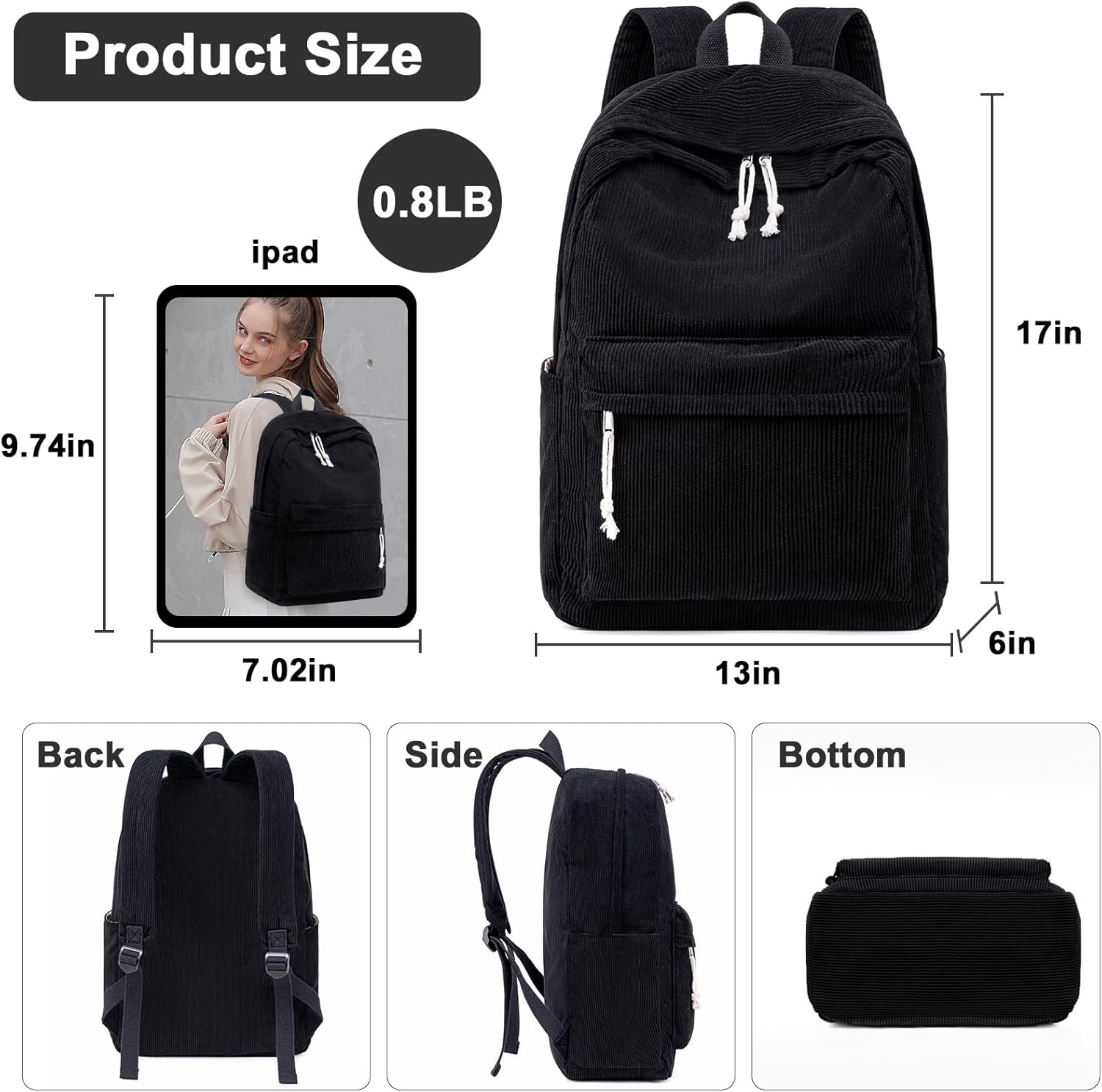 image:imageBTOOP School Backpack for Teens Large Corduroy Bookbag Lightweight 156 inch Laptop Bag for Girls Women Casual High School CollegeBlack