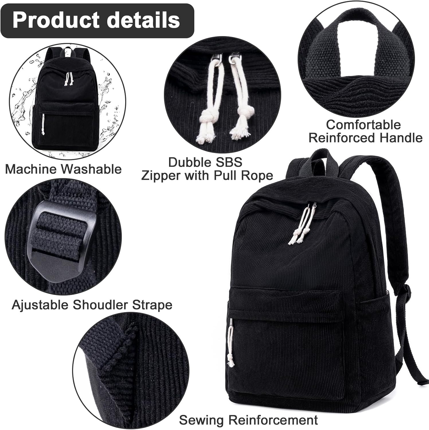 image:imageBTOOP School Backpack for Teens Large Corduroy Bookbag Lightweight 156 inch Laptop Bag for Girls Women Casual High School CollegeBlack