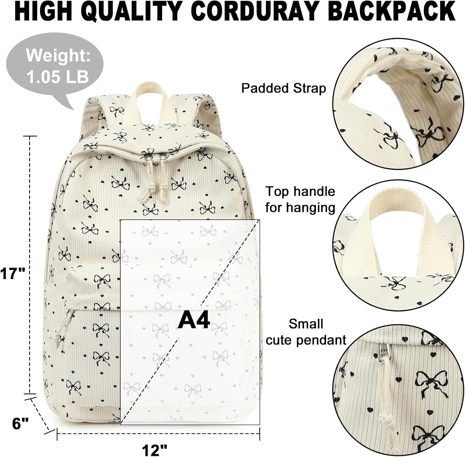 image:imageBTOOP School Backpack for Teens Large Corduroy Bookbag Lightweight 156 inch Laptop Bag for Girls Women Casual High School CollegeBlackbowknotheart