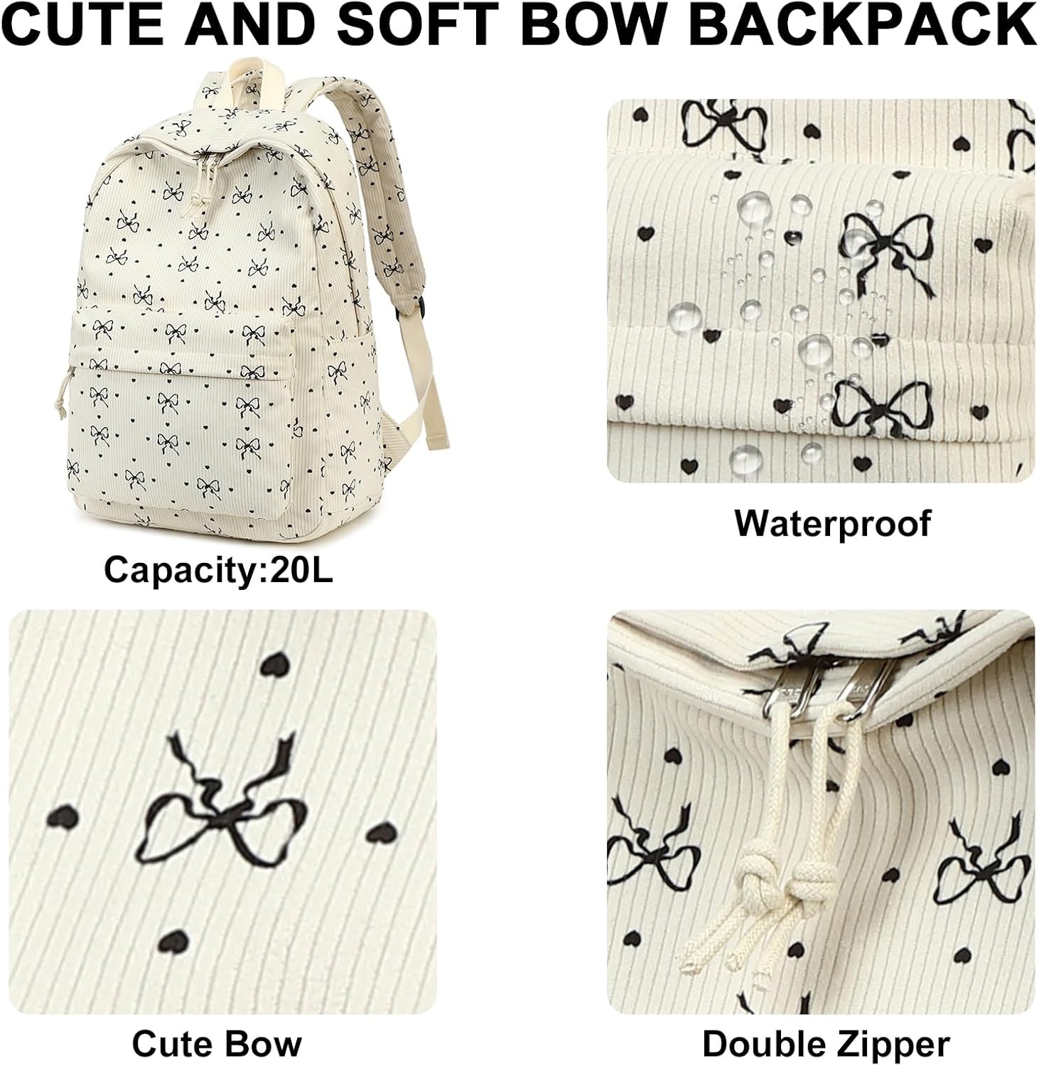 image:imageBTOOP School Backpack for Teens Large Corduroy Bookbag Lightweight 156 inch Laptop Bag for Girls Women Casual High School CollegeBlackbowknotheart