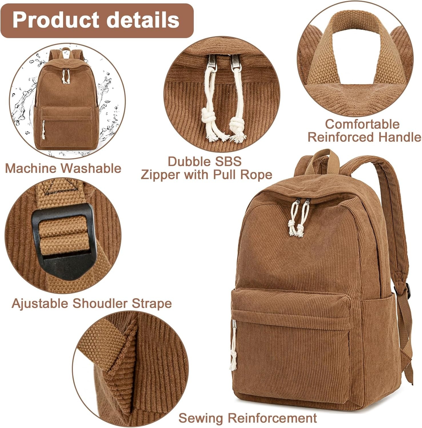 image:imageBTOOP School Backpack for Teens Large Corduroy Bookbag Lightweight 156 inch Laptop Bag for Girls Women Casual High School CollegeCorduroycoffee