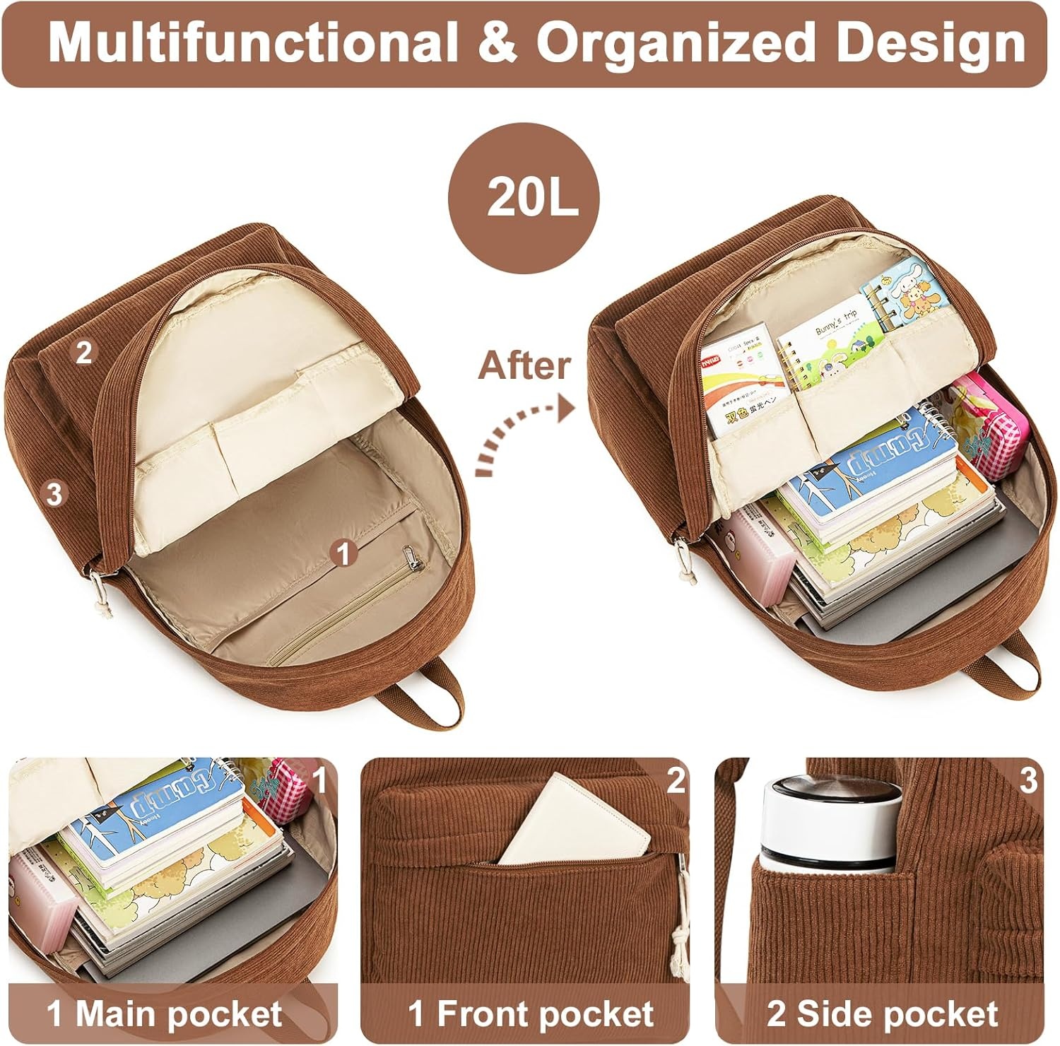 image:imageBTOOP School Backpack for Teens Large Corduroy Bookbag Lightweight 156 inch Laptop Bag for Girls Women Casual High School CollegeCorduroycoffee
