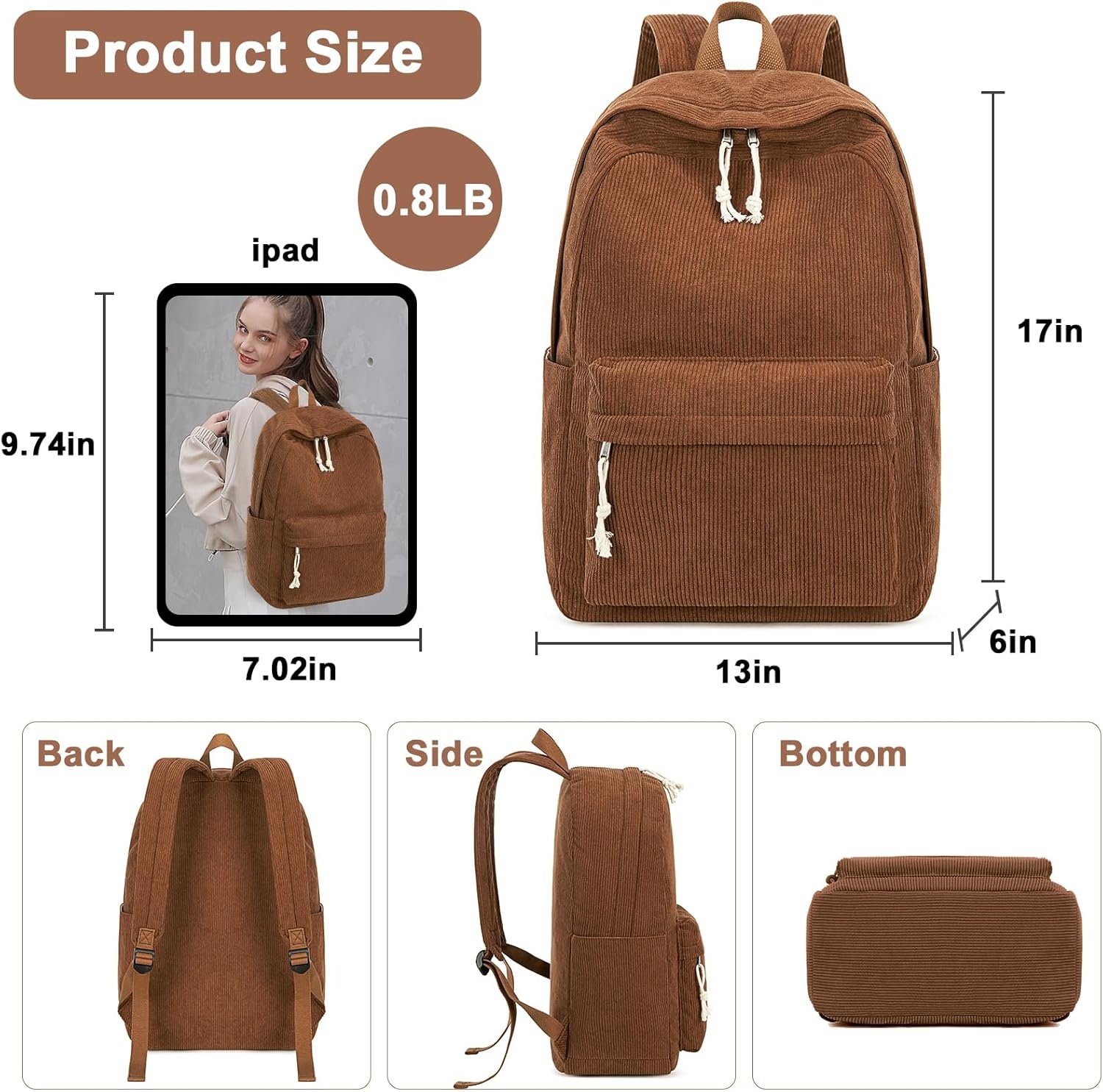 image:imageBTOOP School Backpack for Teens Large Corduroy Bookbag Lightweight 156 inch Laptop Bag for Girls Women Casual High School CollegeCorduroycoffee