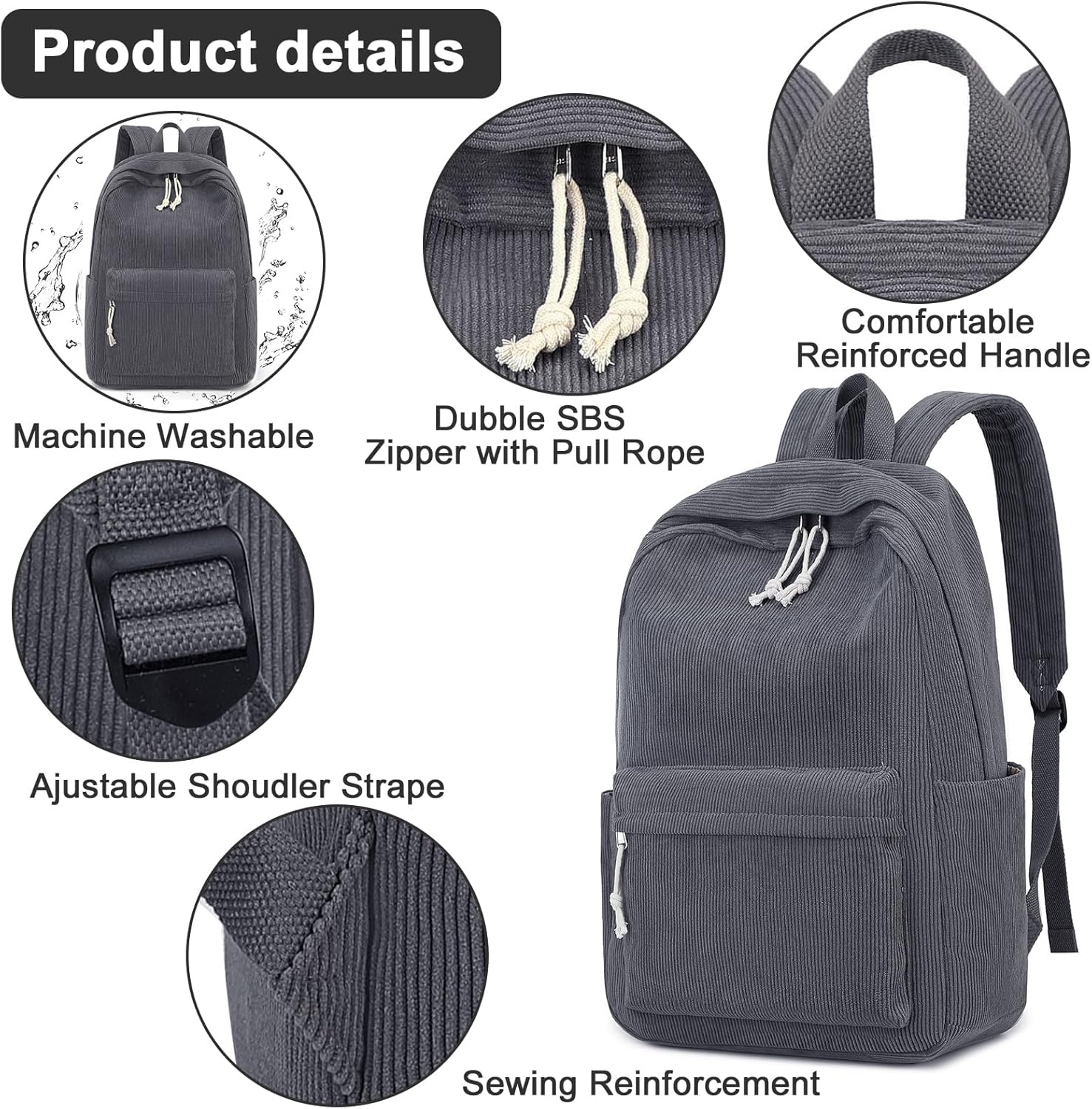 image:imageBTOOP School Backpack for Teens Large Corduroy Bookbag Lightweight 156 inch Laptop Bag for Girls Women Casual High School CollegeCorduroygrey