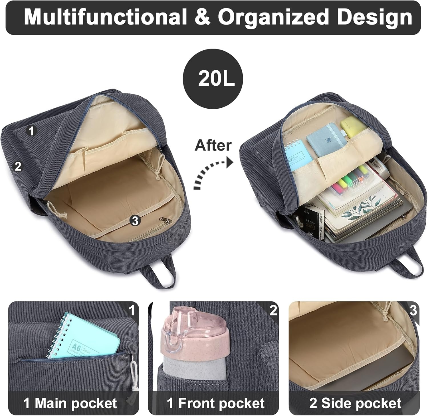 image:imageBTOOP School Backpack for Teens Large Corduroy Bookbag Lightweight 156 inch Laptop Bag for Girls Women Casual High School CollegeCorduroygrey
