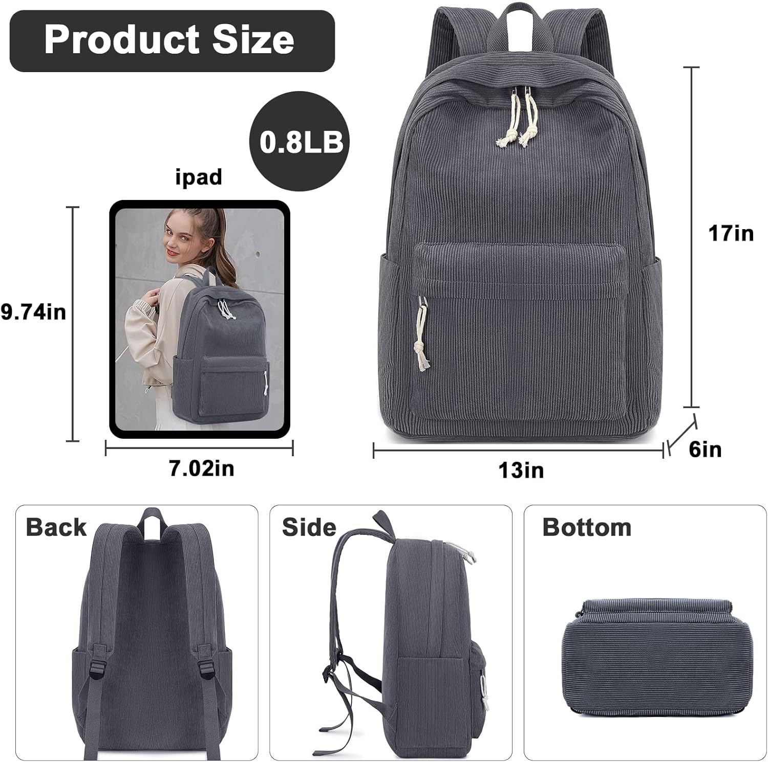 image:imageBTOOP School Backpack for Teens Large Corduroy Bookbag Lightweight 156 inch Laptop Bag for Girls Women Casual High School CollegeCorduroygrey