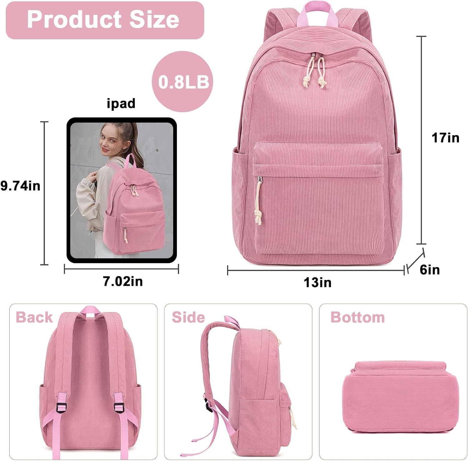 image:imageBTOOP School Backpack for Teens Large Corduroy Bookbag Lightweight 156 inch Laptop Bag for Girls Women Casual High School CollegeCorduroypink