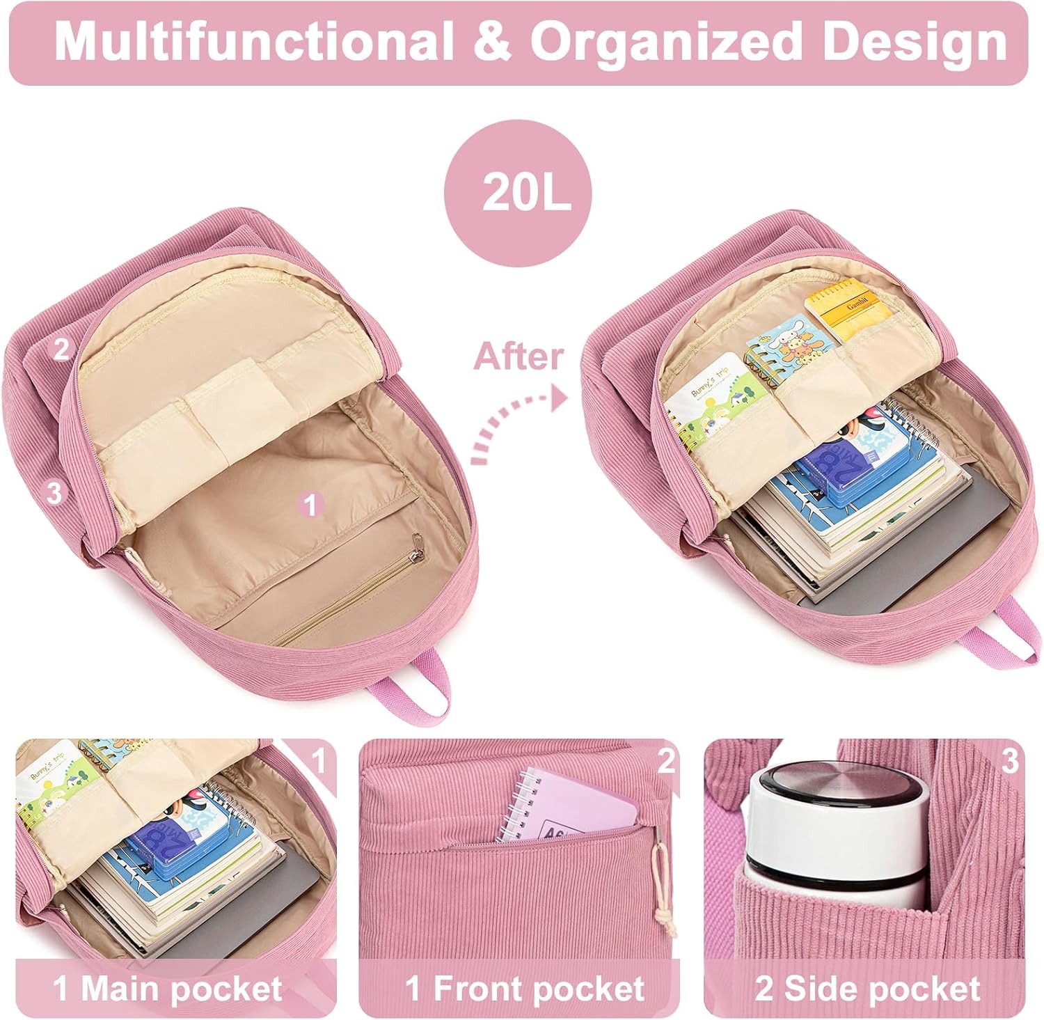 image:imageBTOOP School Backpack for Teens Large Corduroy Bookbag Lightweight 156 inch Laptop Bag for Girls Women Casual High School CollegeCorduroypink