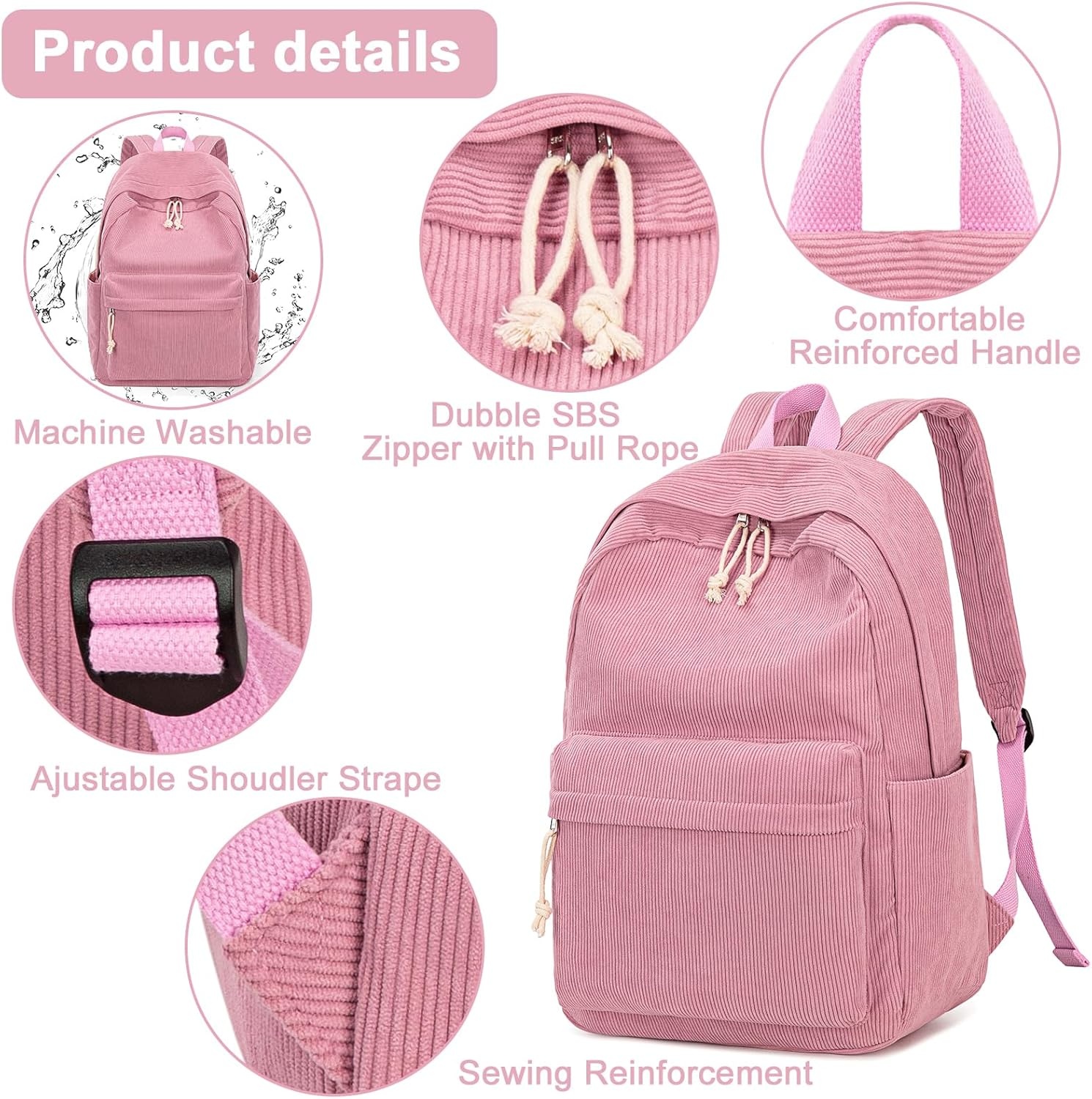 image:imageBTOOP School Backpack for Teens Large Corduroy Bookbag Lightweight 156 inch Laptop Bag for Girls Women Casual High School CollegeCorduroypink
