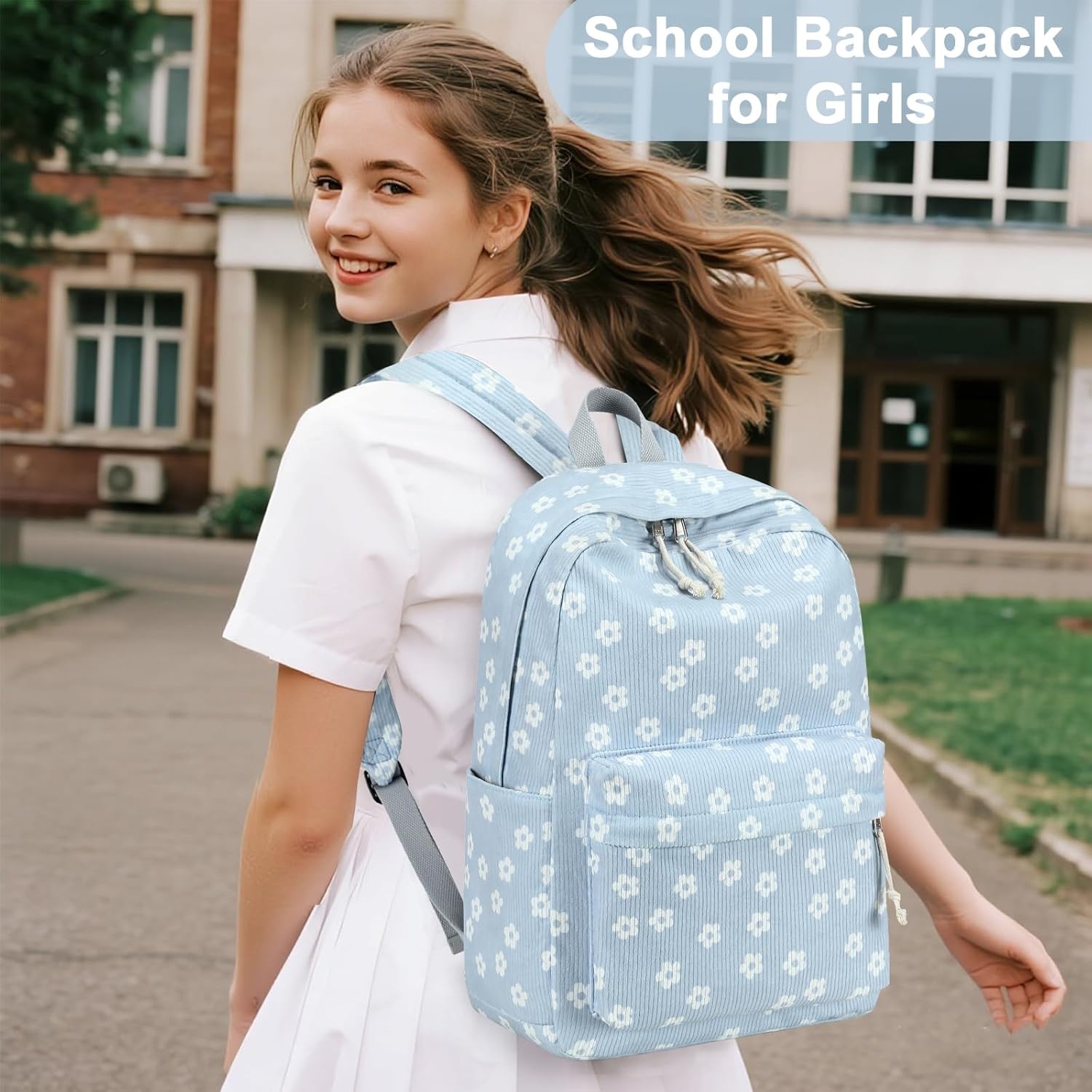 image:imageBTOOP School Backpack for Teens Large Corduroy Bookbag Lightweight 156 inch Laptop Bag for Girls Women Casual High School CollegeCute Floralblue
