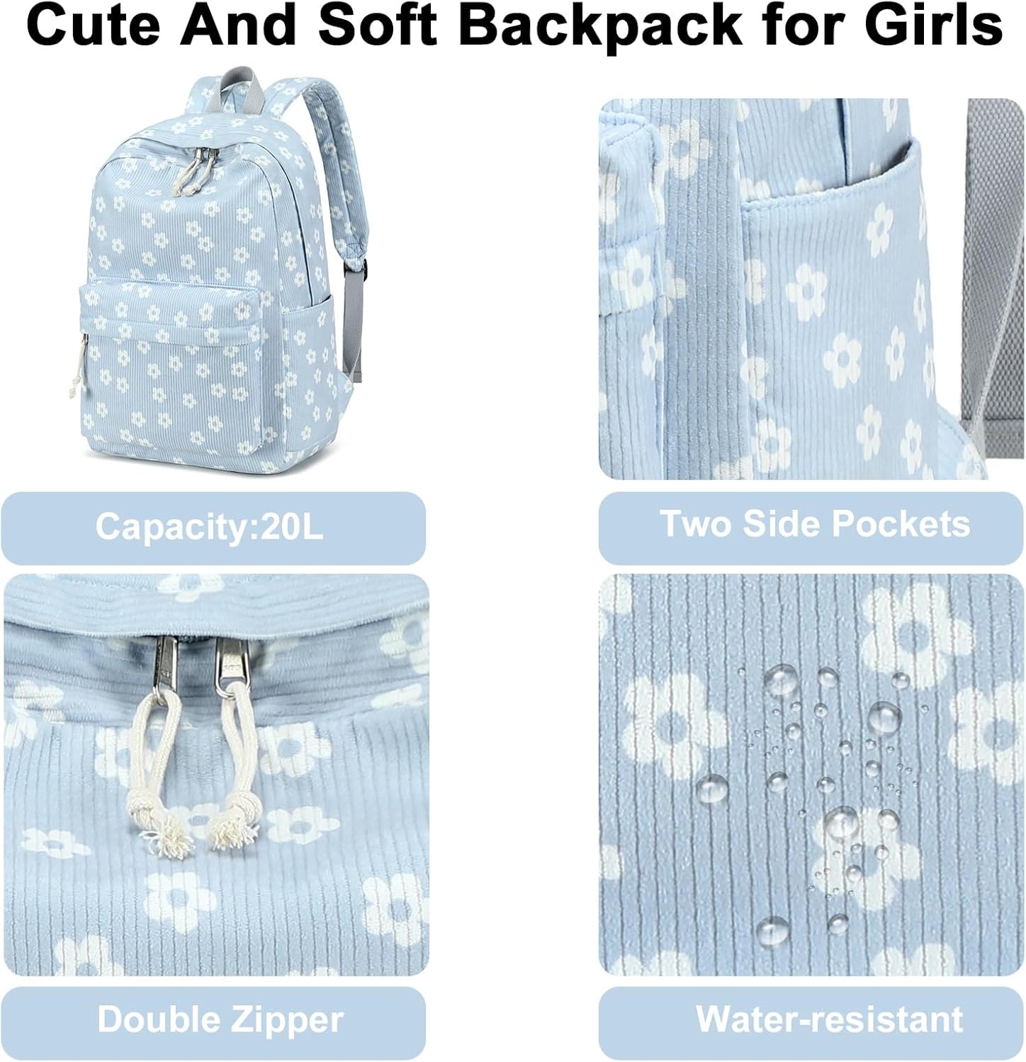 image:imageBTOOP School Backpack for Teens Large Corduroy Bookbag Lightweight 156 inch Laptop Bag for Girls Women Casual High School CollegeCute Floralblue
