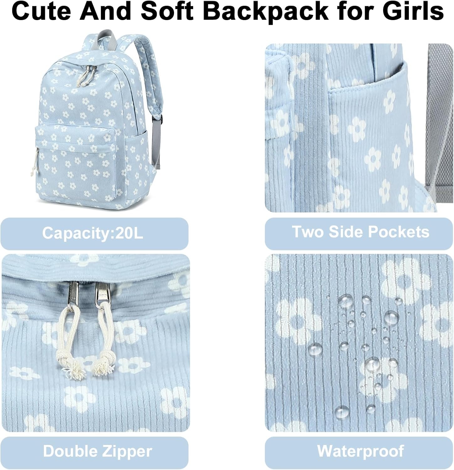 image:imageBTOOP School Backpack for Teens Large Corduroy Bookbag Lightweight 156 inch Laptop Bag for Girls Women Casual High School CollegeCute Floralblue