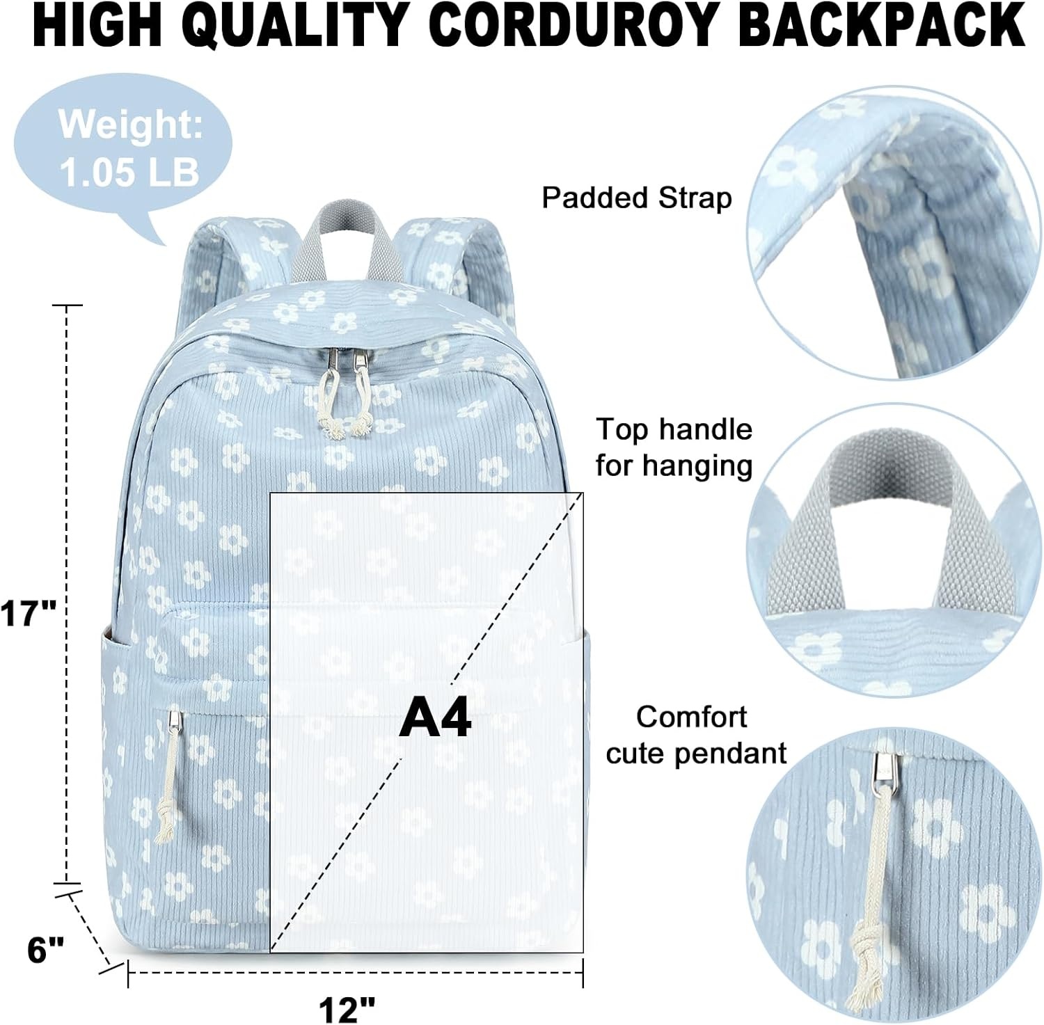 image:imageBTOOP School Backpack for Teens Large Corduroy Bookbag Lightweight 156 inch Laptop Bag for Girls Women Casual High School CollegeCute Floralblue