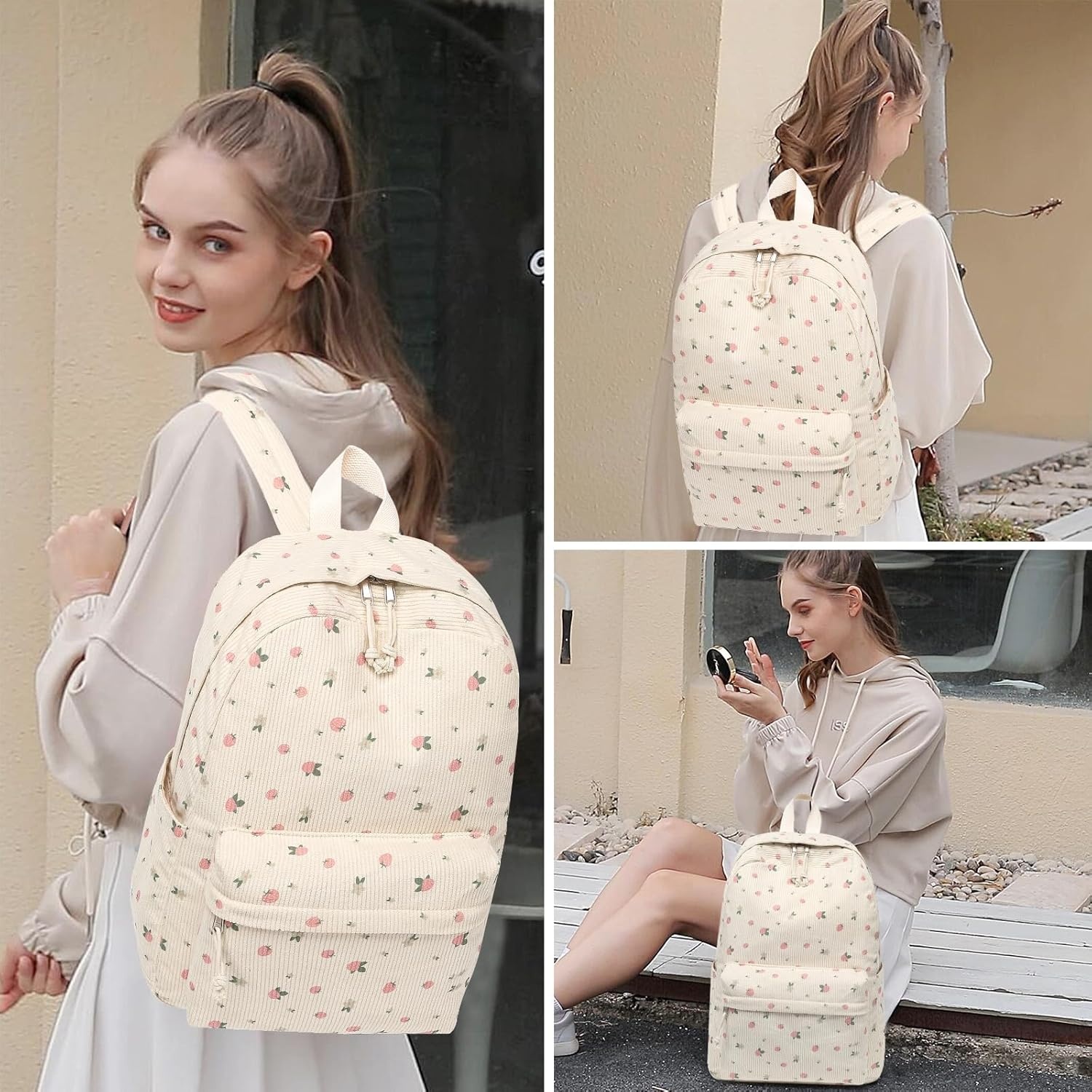 image:imageBTOOP School Backpack for Teens Large Corduroy Bookbag Lightweight 156 inch Laptop Bag for Girls Women Casual High School CollegeFloralcorduroystrawberry