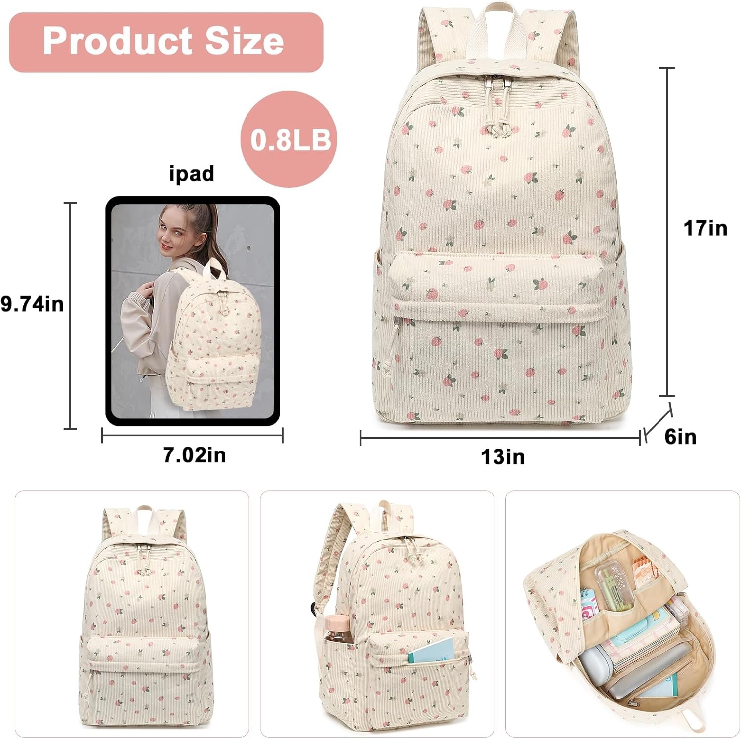 image:imageBTOOP School Backpack for Teens Large Corduroy Bookbag Lightweight 156 inch Laptop Bag for Girls Women Casual High School CollegeFloralcorduroystrawberry