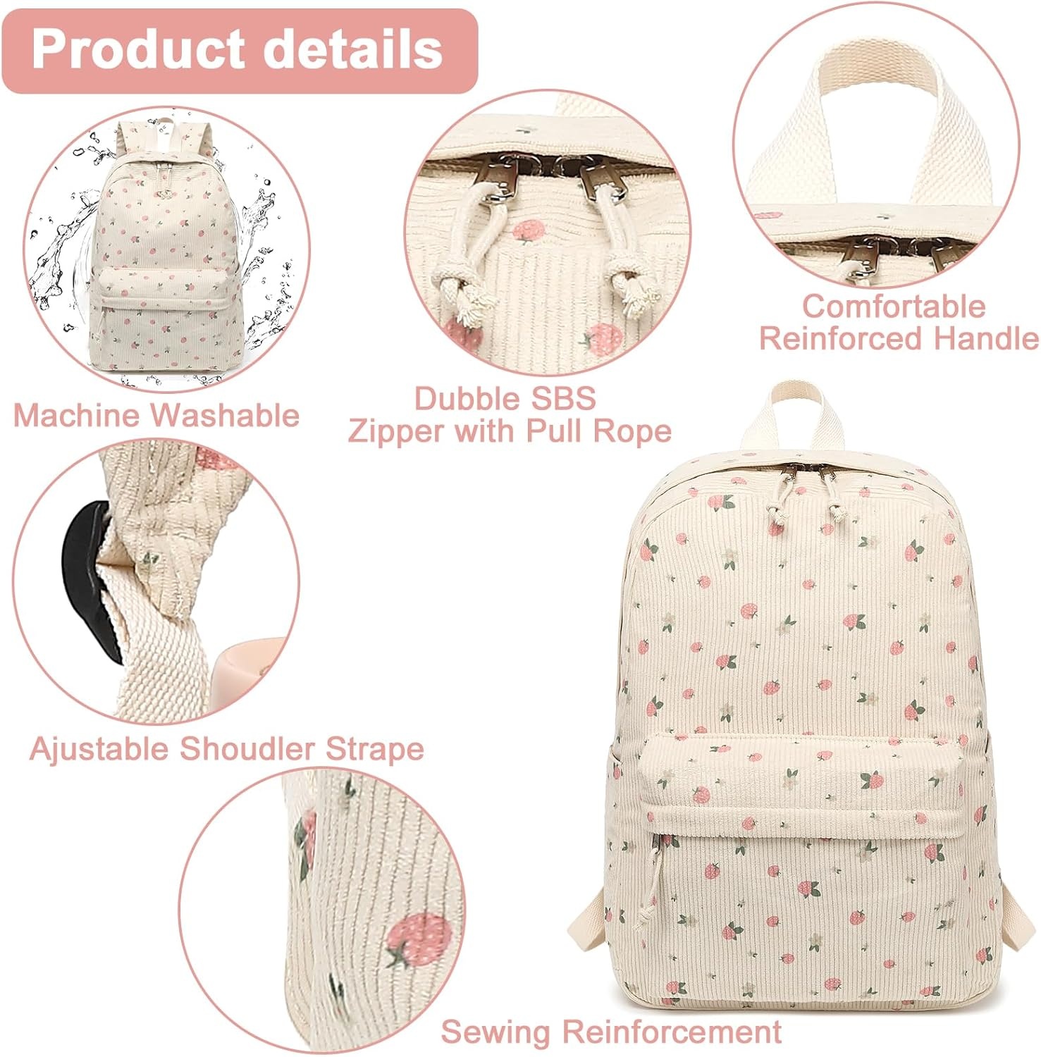 image:imageBTOOP School Backpack for Teens Large Corduroy Bookbag Lightweight 156 inch Laptop Bag for Girls Women Casual High School CollegeFloralcorduroystrawberry
