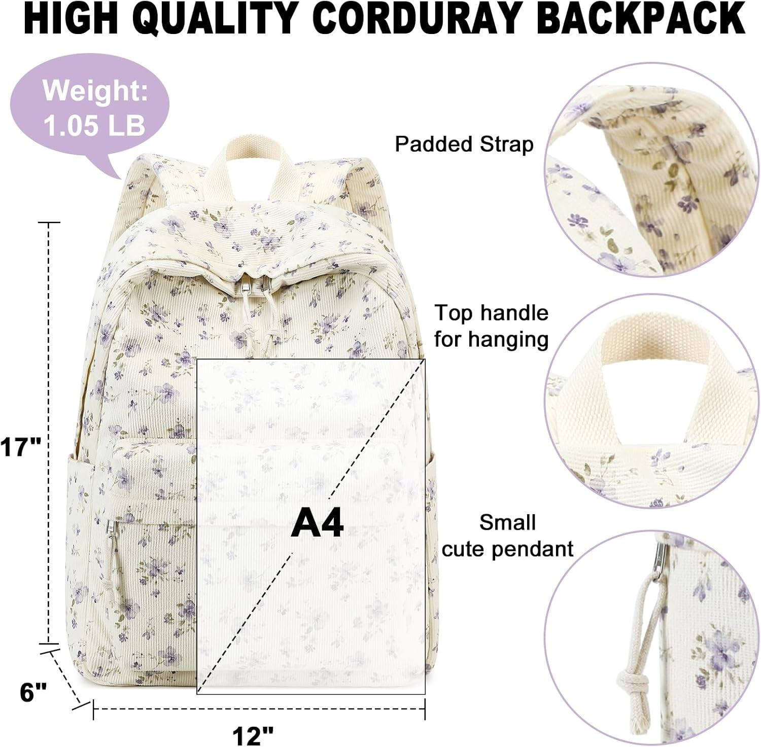 image:imageBTOOP School Backpack for Teens Large Corduroy Bookbag Lightweight 156 inch Laptop Bag for Girls Women Casual High School CollegeGrace Purple Flower