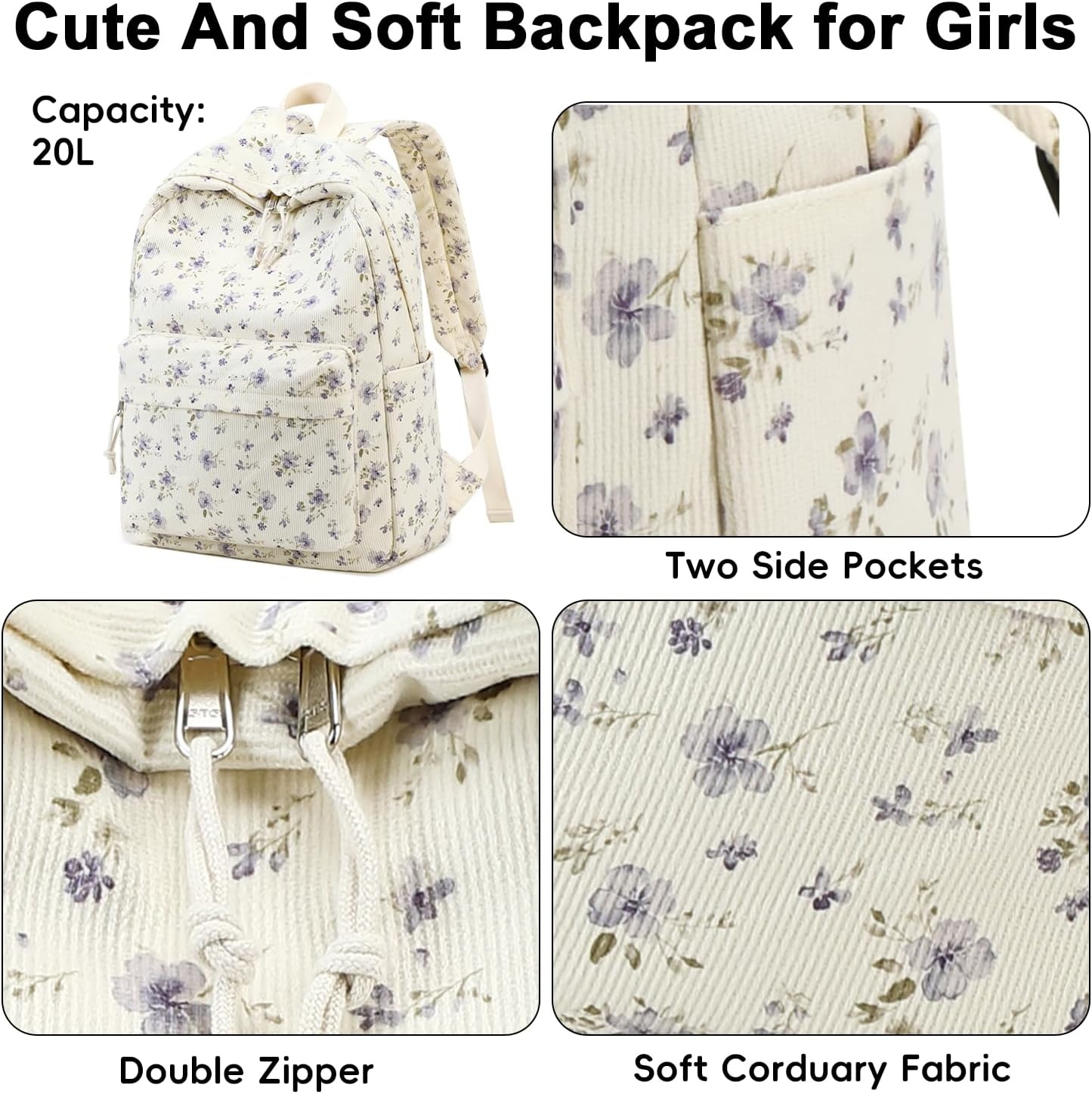 image:imageBTOOP School Backpack for Teens Large Corduroy Bookbag Lightweight 156 inch Laptop Bag for Girls Women Casual High School CollegeGrace Purple Flower