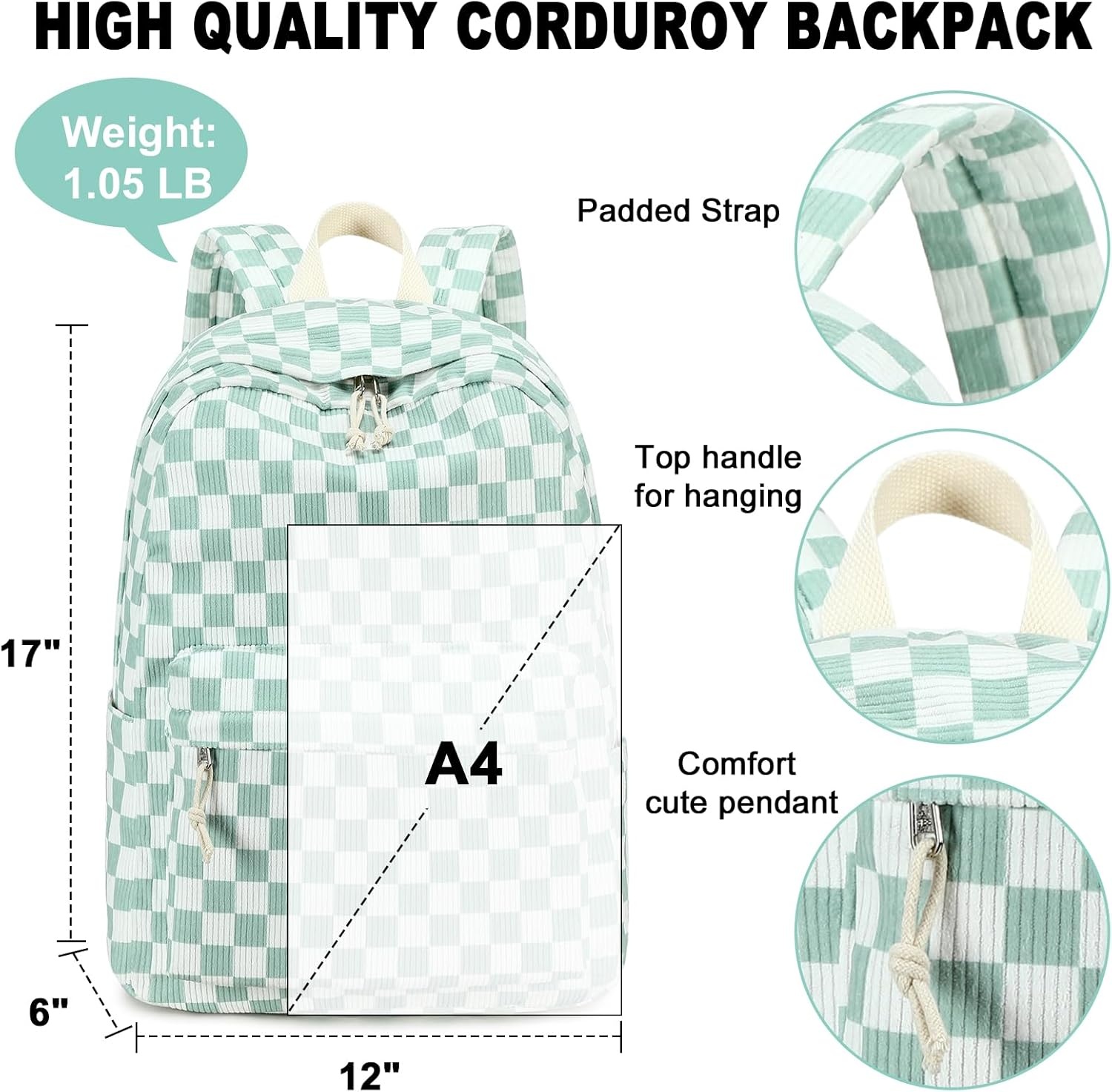 image:imageBTOOP School Backpack for Teens Large Corduroy Bookbag Lightweight 156 inch Laptop Bag for Girls Women Casual High School CollegeGreenwhite Checkered