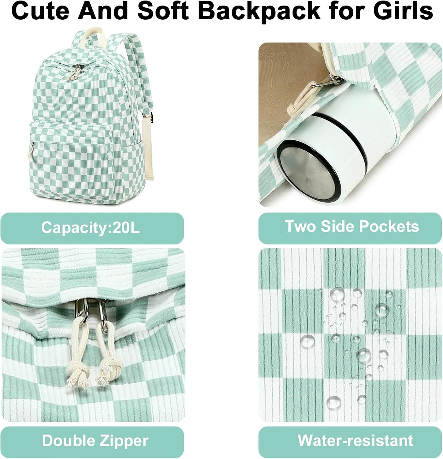 image:imageBTOOP School Backpack for Teens Large Corduroy Bookbag Lightweight 156 inch Laptop Bag for Girls Women Casual High School CollegeGreenwhite Checkered