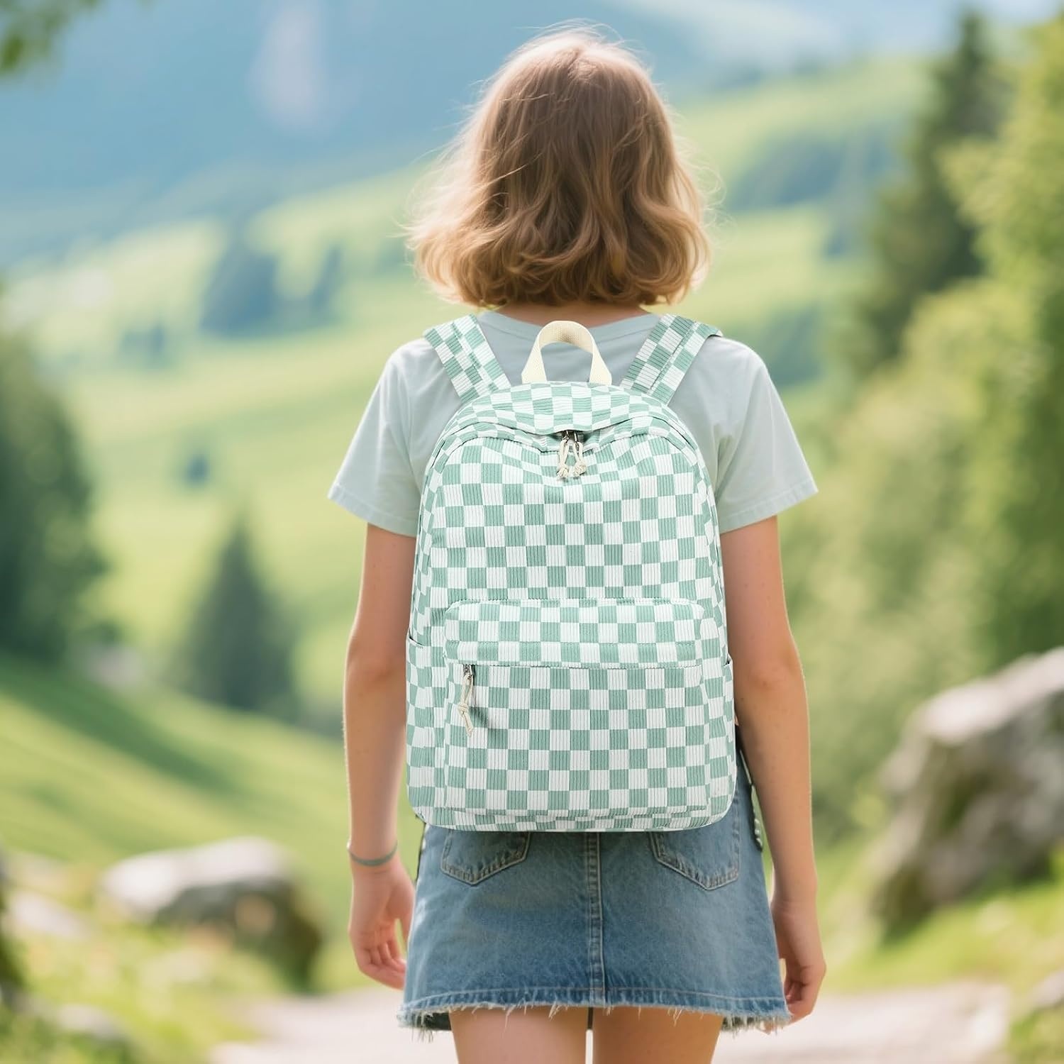 image:imageBTOOP School Backpack for Teens Large Corduroy Bookbag Lightweight 156 inch Laptop Bag for Girls Women Casual High School CollegeGreenwhite Checkered