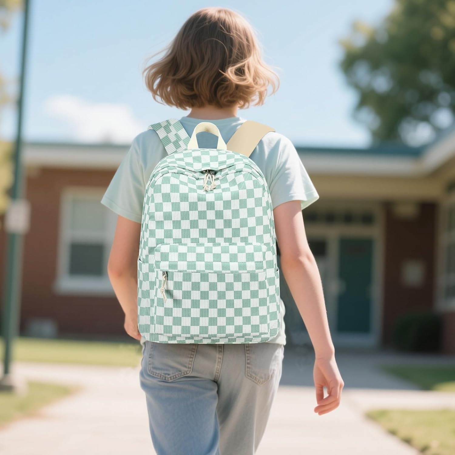 image:imageBTOOP School Backpack for Teens Large Corduroy Bookbag Lightweight 156 inch Laptop Bag for Girls Women Casual High School CollegeGreenwhite Checkered