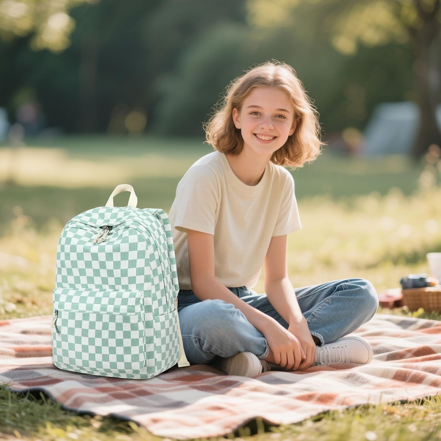 image:imageBTOOP School Backpack for Teens Large Corduroy Bookbag Lightweight 156 inch Laptop Bag for Girls Women Casual High School CollegeGreenwhite Checkered