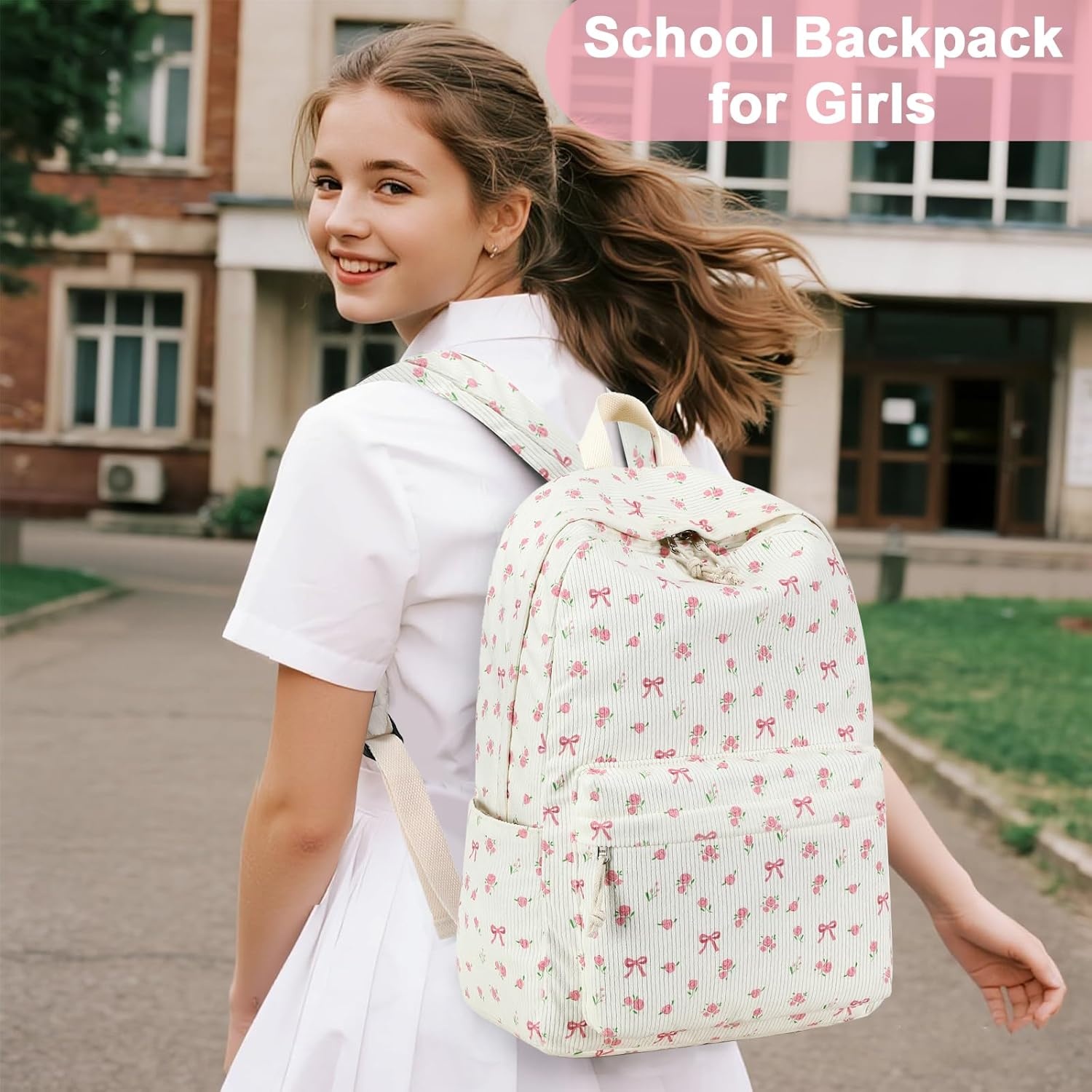 image:imageBTOOP School Backpack for Teens Large Corduroy Bookbag Lightweight 156 inch Laptop Bag for Girls Women Casual High School CollegePink Bow Floral