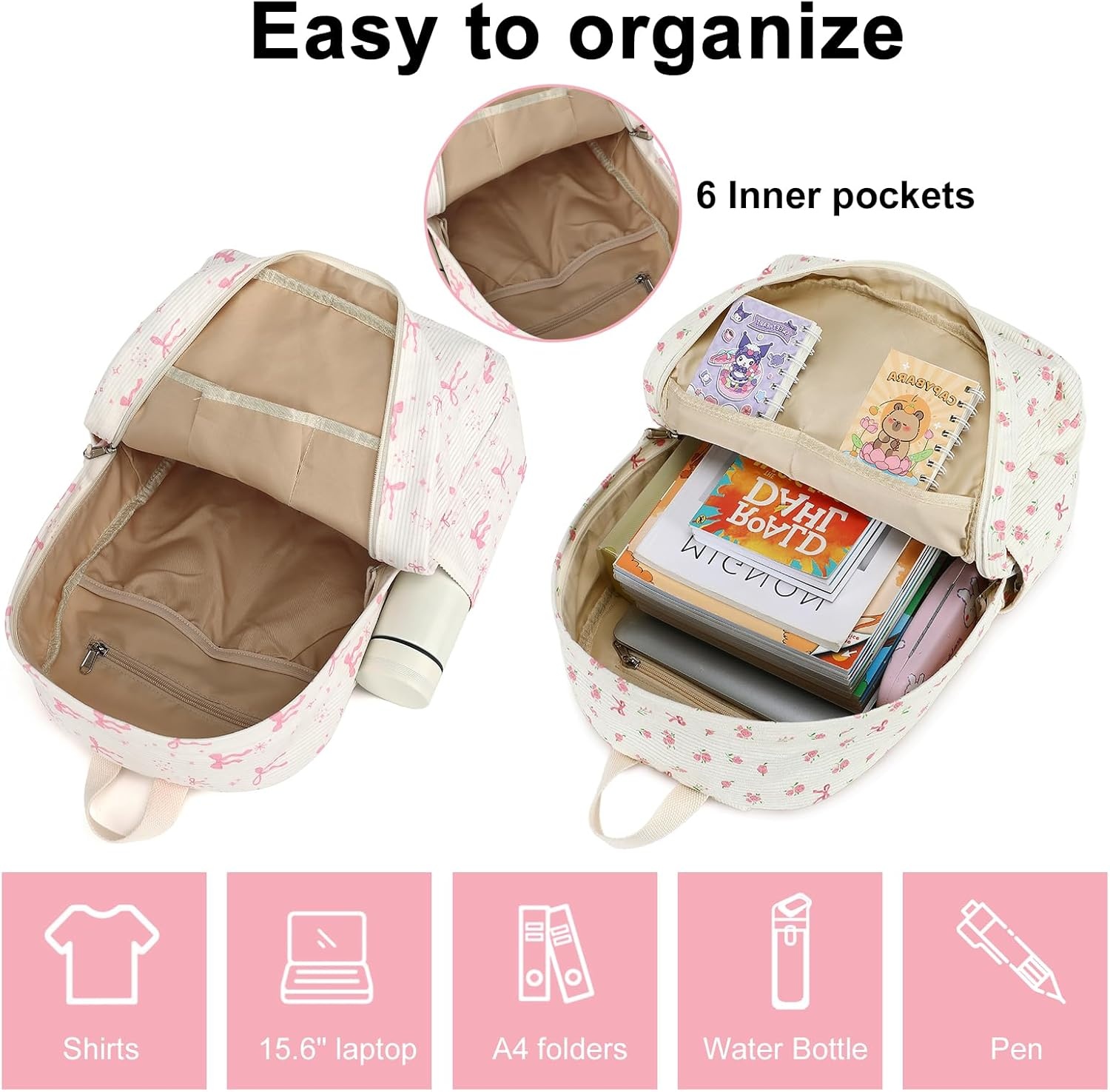 image:imageBTOOP School Backpack for Teens Large Corduroy Bookbag Lightweight 156 inch Laptop Bag for Girls Women Casual High School CollegePink Bow Floral