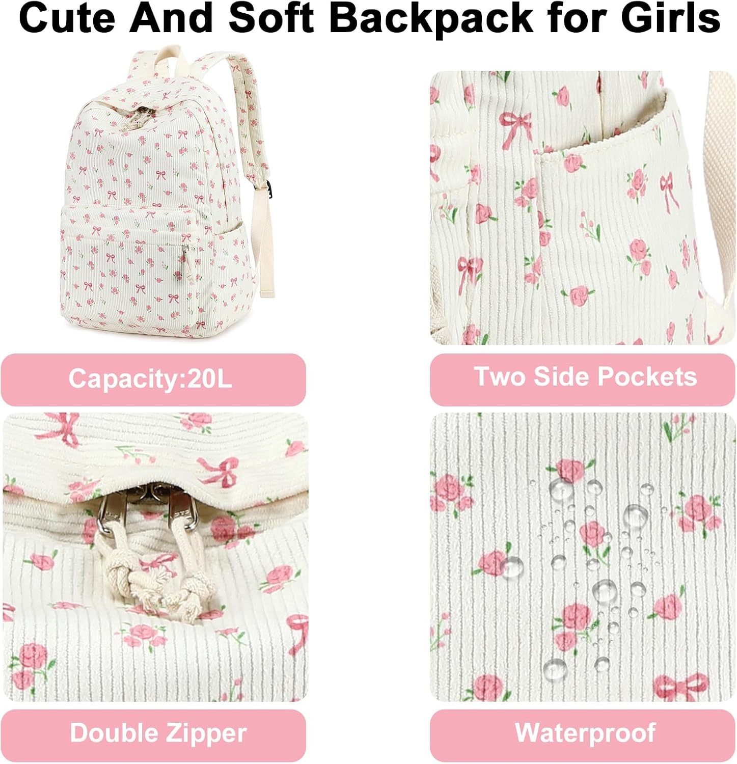 image:imageBTOOP School Backpack for Teens Large Corduroy Bookbag Lightweight 156 inch Laptop Bag for Girls Women Casual High School CollegePink Bow Floral