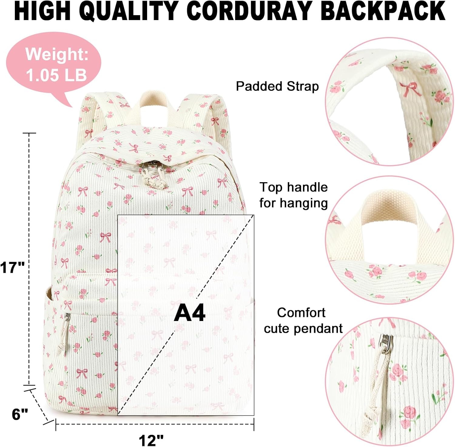 image:imageBTOOP School Backpack for Teens Large Corduroy Bookbag Lightweight 156 inch Laptop Bag for Girls Women Casual High School CollegePink Bow Floral