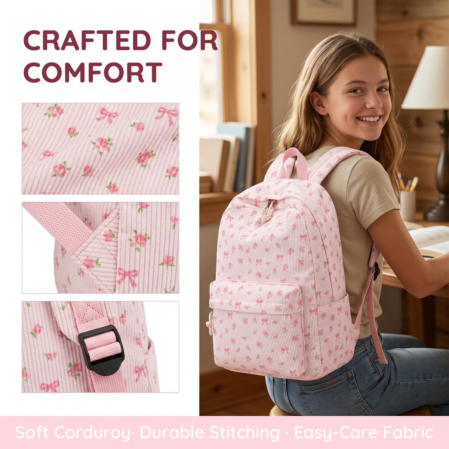 image:imageBTOOP School Backpack for Teens Large Corduroy Bookbag Lightweight 156 inch Laptop Bag for Girls Women Casual High School CollegePink Bow Floral1
