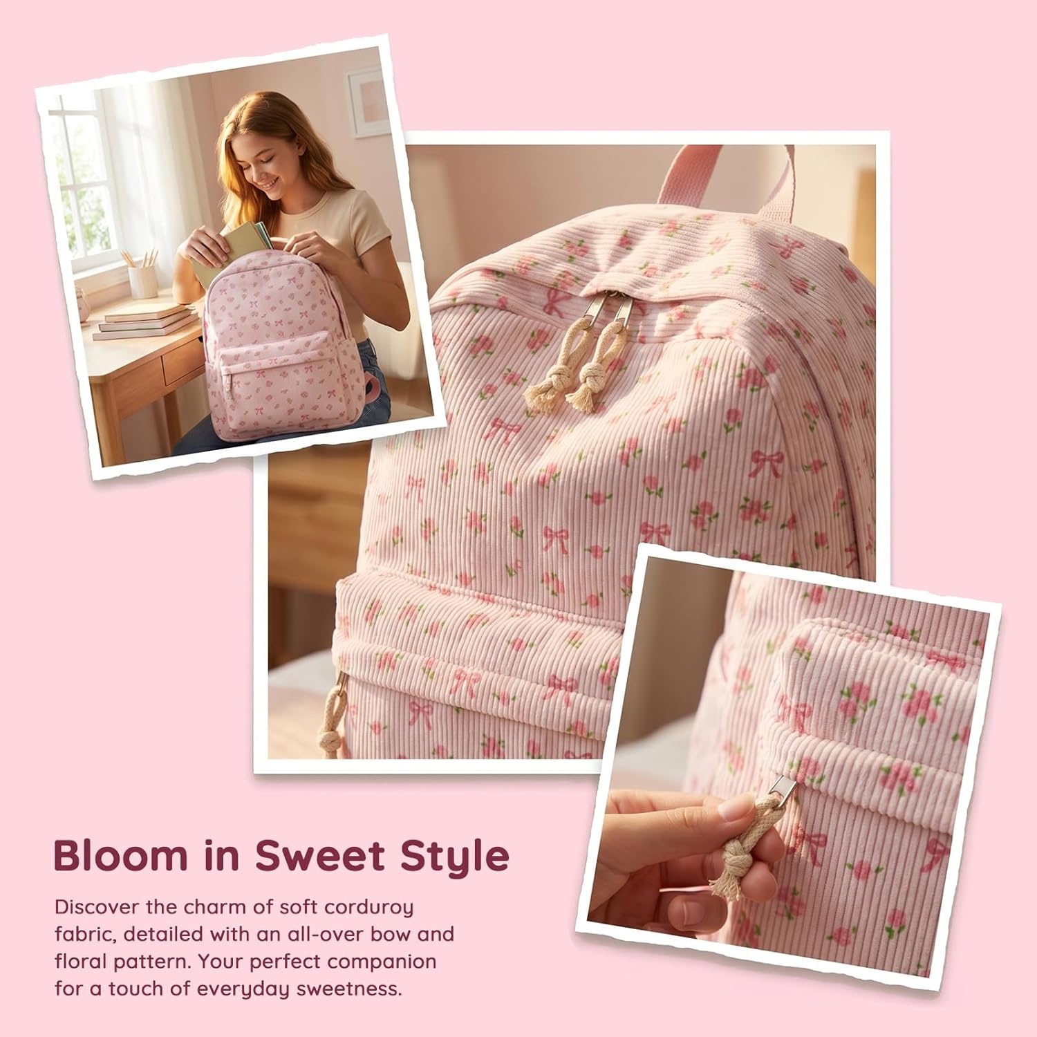 image:imageBTOOP School Backpack for Teens Large Corduroy Bookbag Lightweight 156 inch Laptop Bag for Girls Women Casual High School CollegePink Bow Floral1