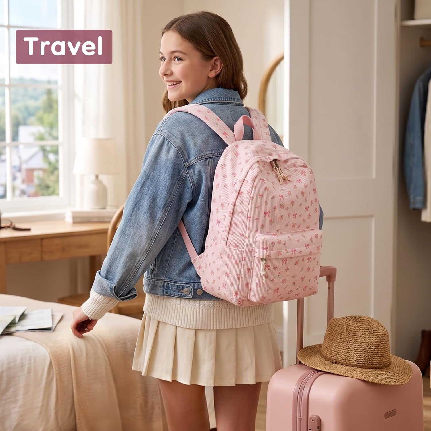 image:imageBTOOP School Backpack for Teens Large Corduroy Bookbag Lightweight 156 inch Laptop Bag for Girls Women Casual High School CollegePink Bow Floral1