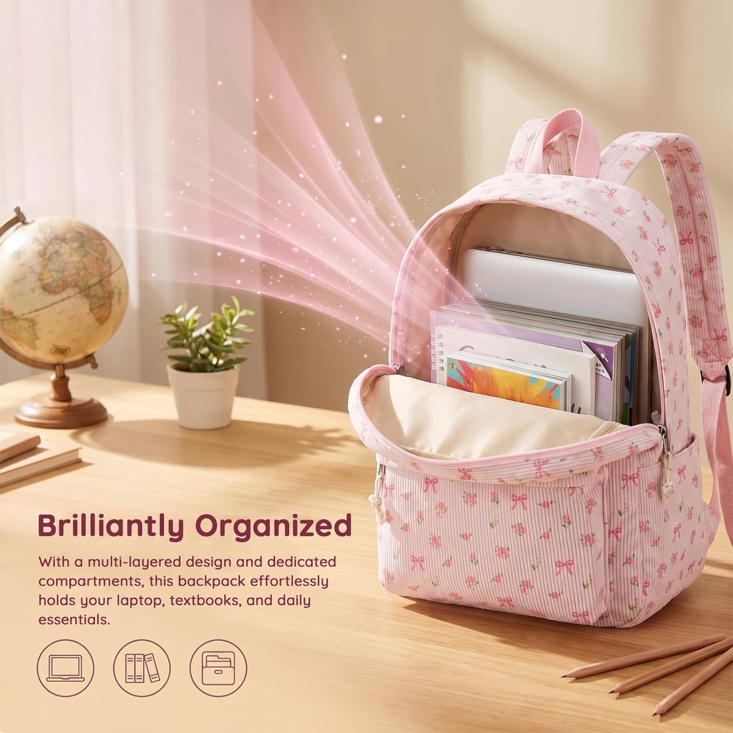 image:imageBTOOP School Backpack for Teens Large Corduroy Bookbag Lightweight 156 inch Laptop Bag for Girls Women Casual High School CollegePink Bow Floral1