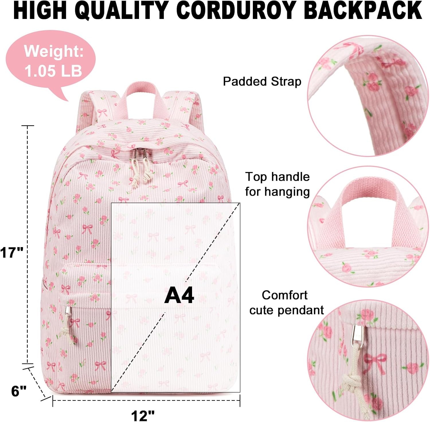 image:imageBTOOP School Backpack for Teens Large Corduroy Bookbag Lightweight 156 inch Laptop Bag for Girls Women Casual High School CollegePink Bow Floral1