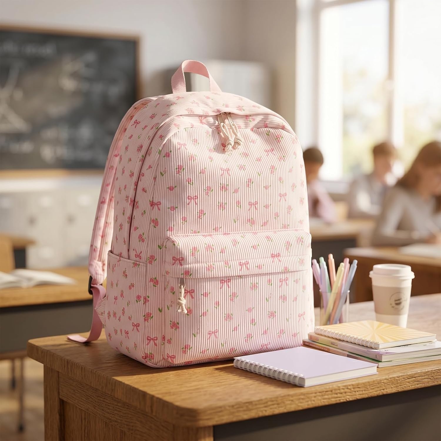 image:imageBTOOP School Backpack for Teens Large Corduroy Bookbag Lightweight 156 inch Laptop Bag for Girls Women Casual High School CollegePink Bow Floral1