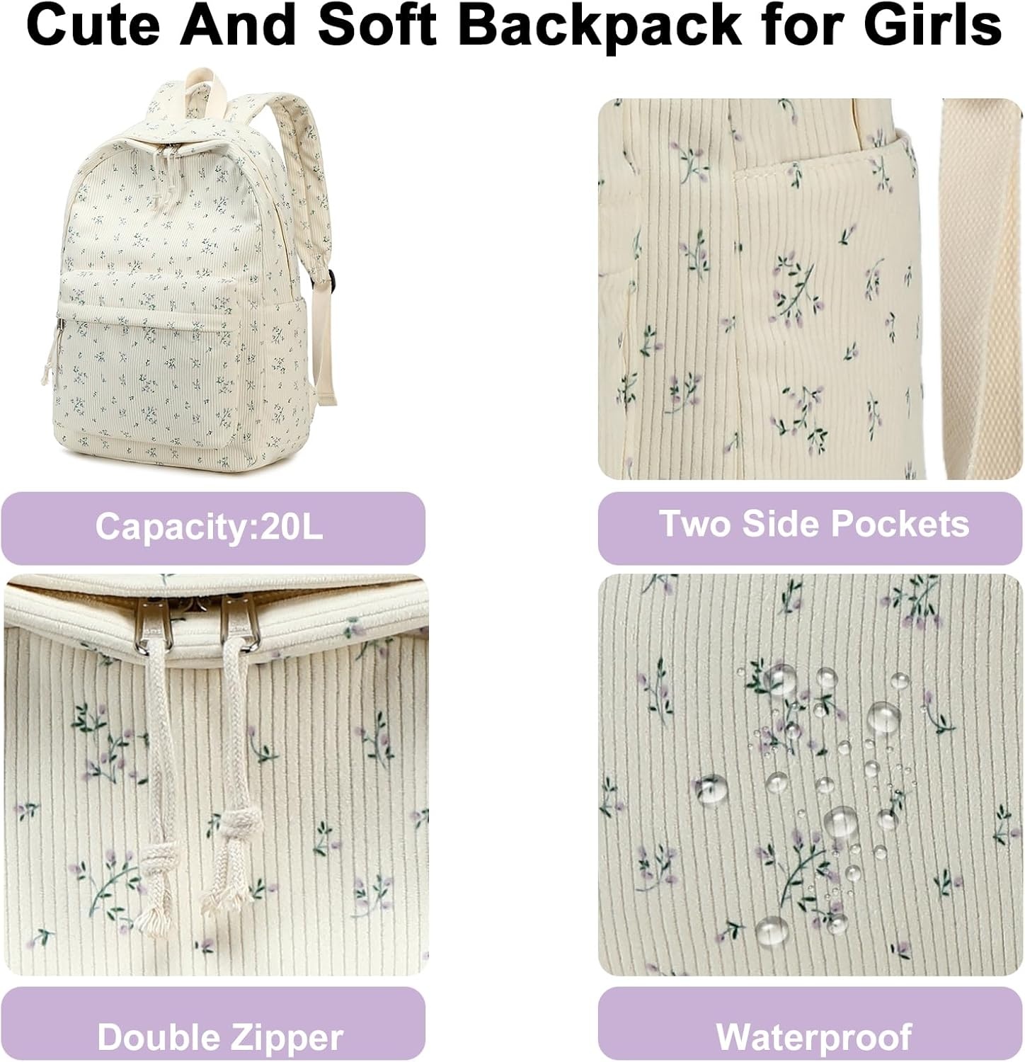 image:imageBTOOP School Backpack for Teens Large Corduroy Bookbag Lightweight 156 inch Laptop Bag for Girls Women Casual High School CollegePurpleflower