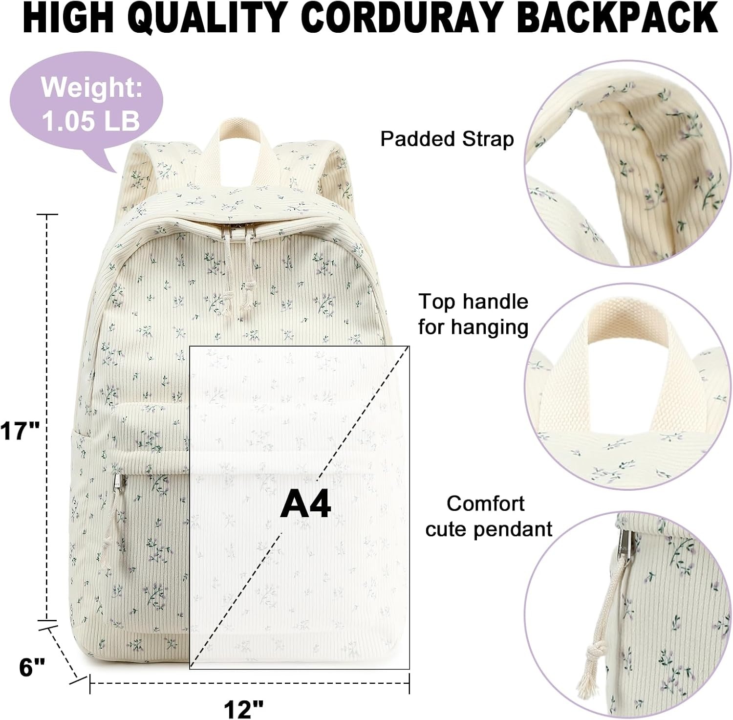 image:imageBTOOP School Backpack for Teens Large Corduroy Bookbag Lightweight 156 inch Laptop Bag for Girls Women Casual High School CollegePurpleflower