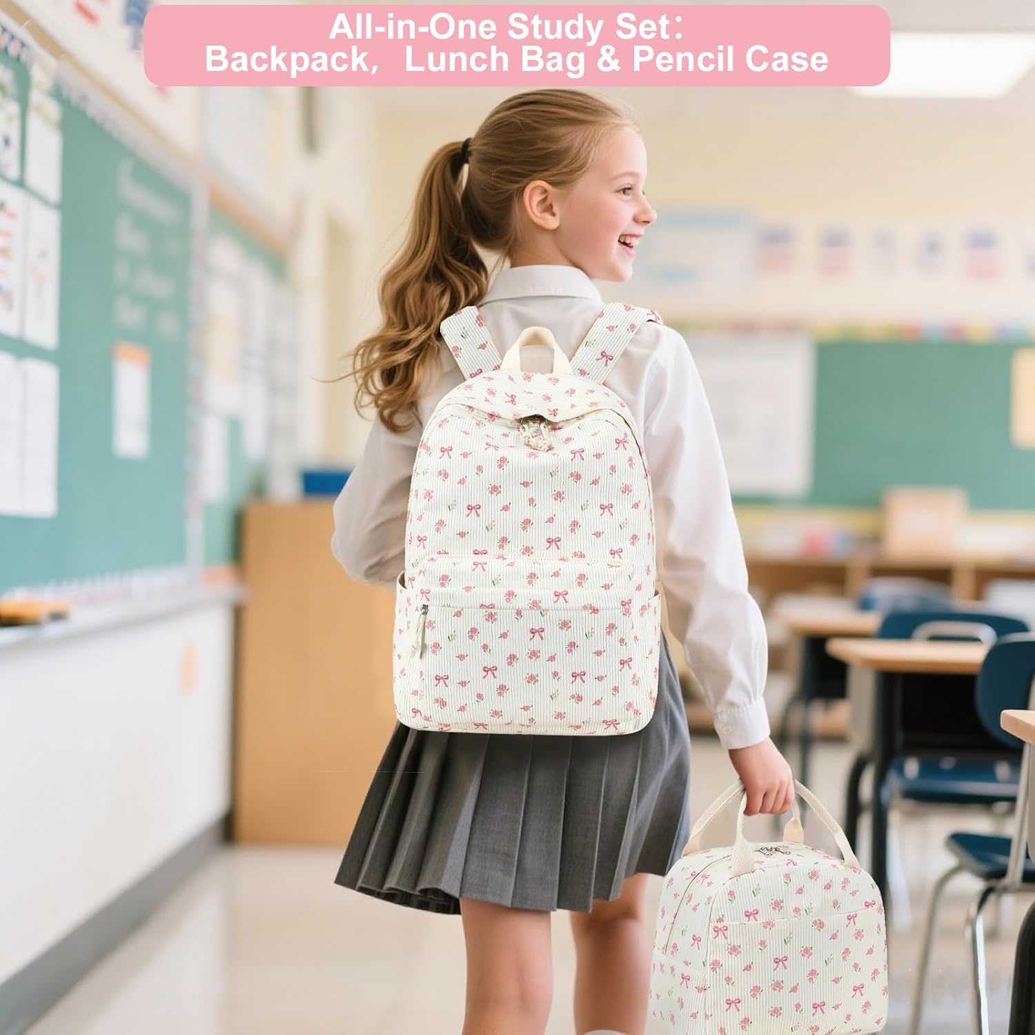 image:imageBTOOP School Backpacks for Teen Girls Bookbags Lightweight Kids Backpack School Bags Set with Lunch Box Pencil CaseApink Bowflower