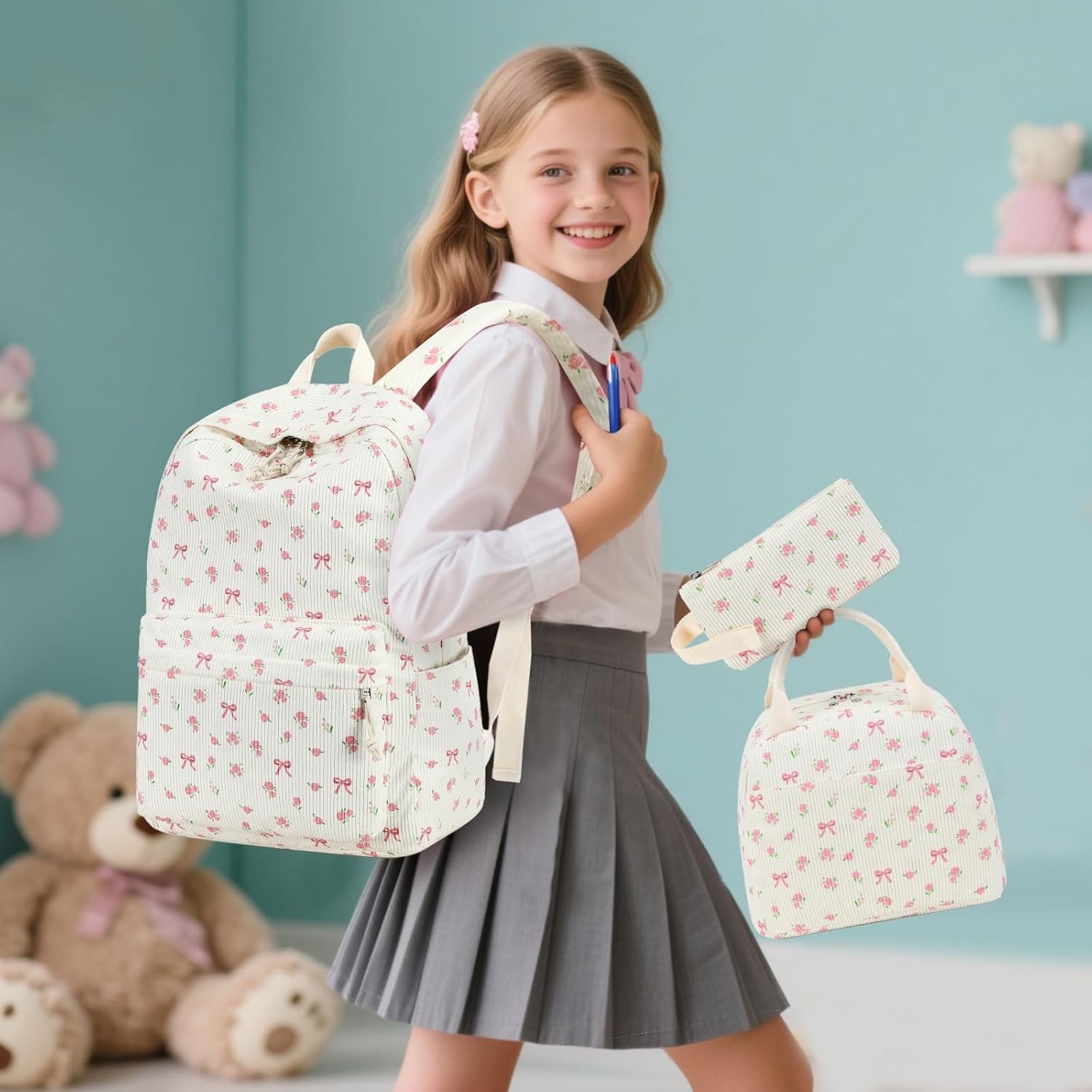 image:imageBTOOP School Backpacks for Teen Girls Bookbags Lightweight Kids Backpack School Bags Set with Lunch Box Pencil CaseApink Bowflower