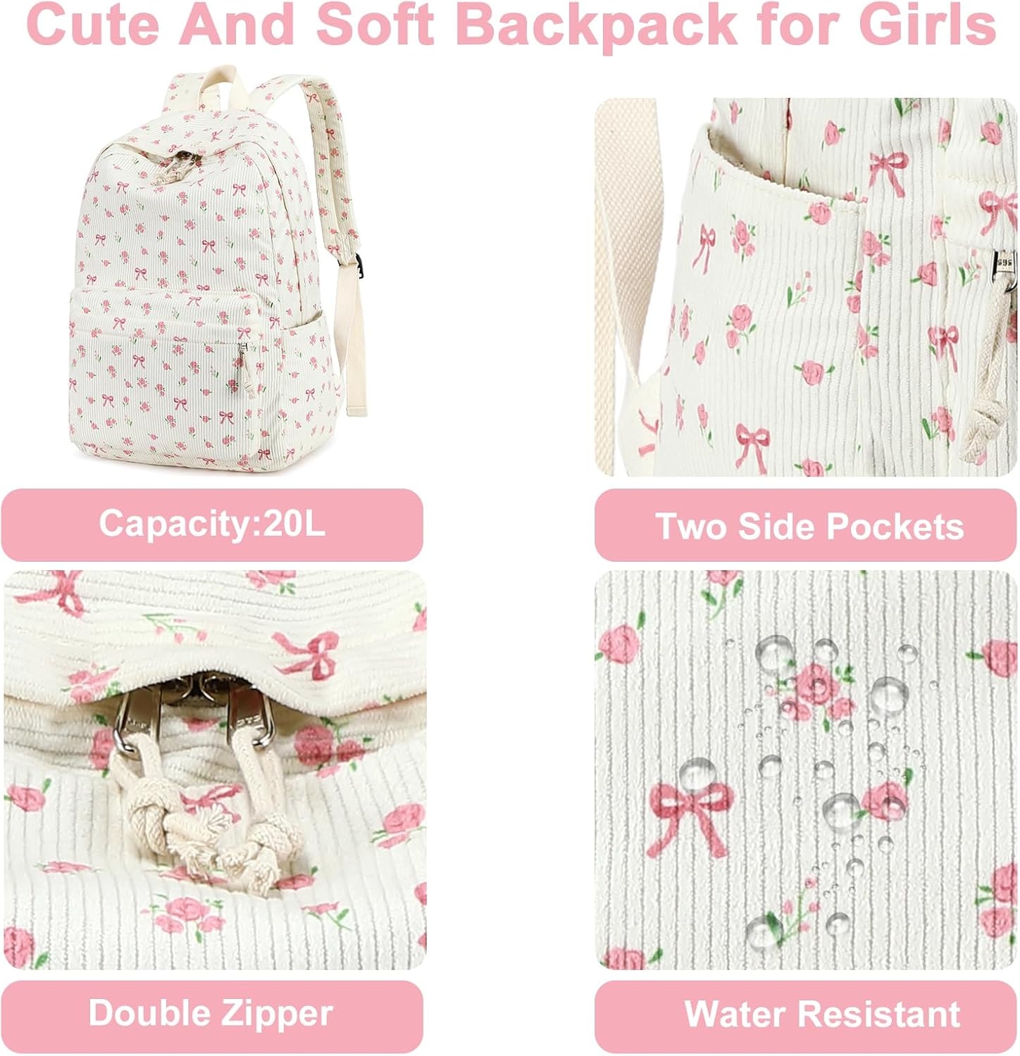 image:imageBTOOP School Backpacks for Teen Girls Bookbags Lightweight Kids Backpack School Bags Set with Lunch Box Pencil CaseApink Bowflower