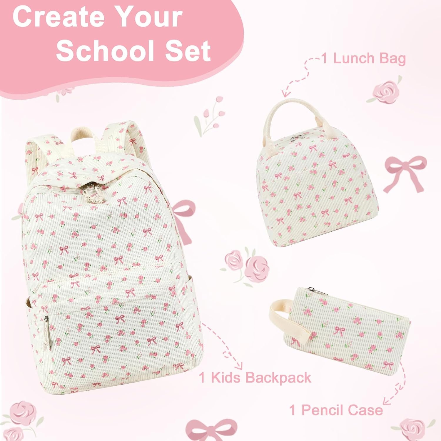image:imageBTOOP School Backpacks for Teen Girls Bookbags Lightweight Kids Backpack School Bags Set with Lunch Box Pencil CaseApink Bowflower