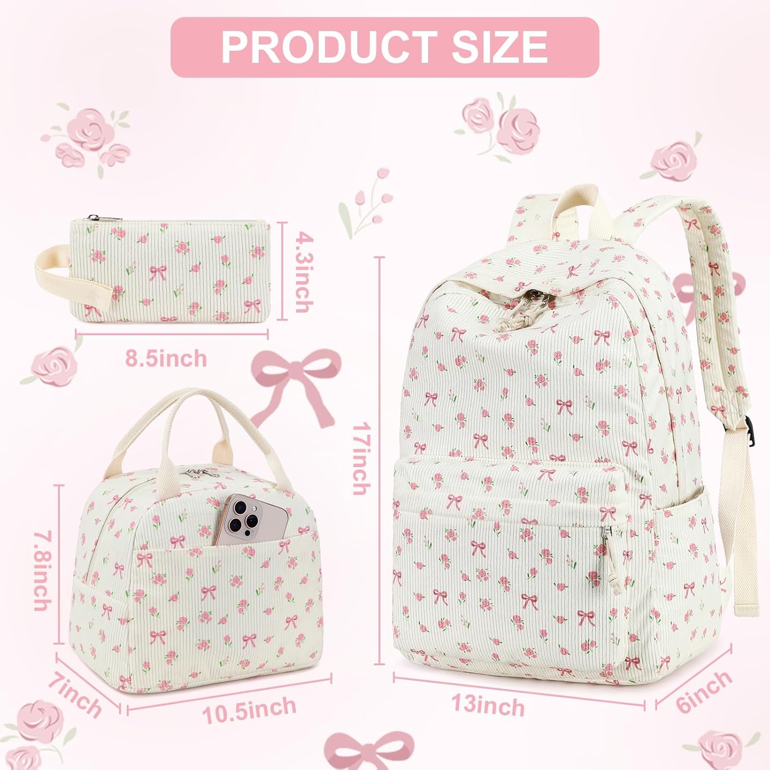 image:imageBTOOP School Backpacks for Teen Girls Bookbags Lightweight Kids Backpack School Bags Set with Lunch Box Pencil CaseApink Bowflower