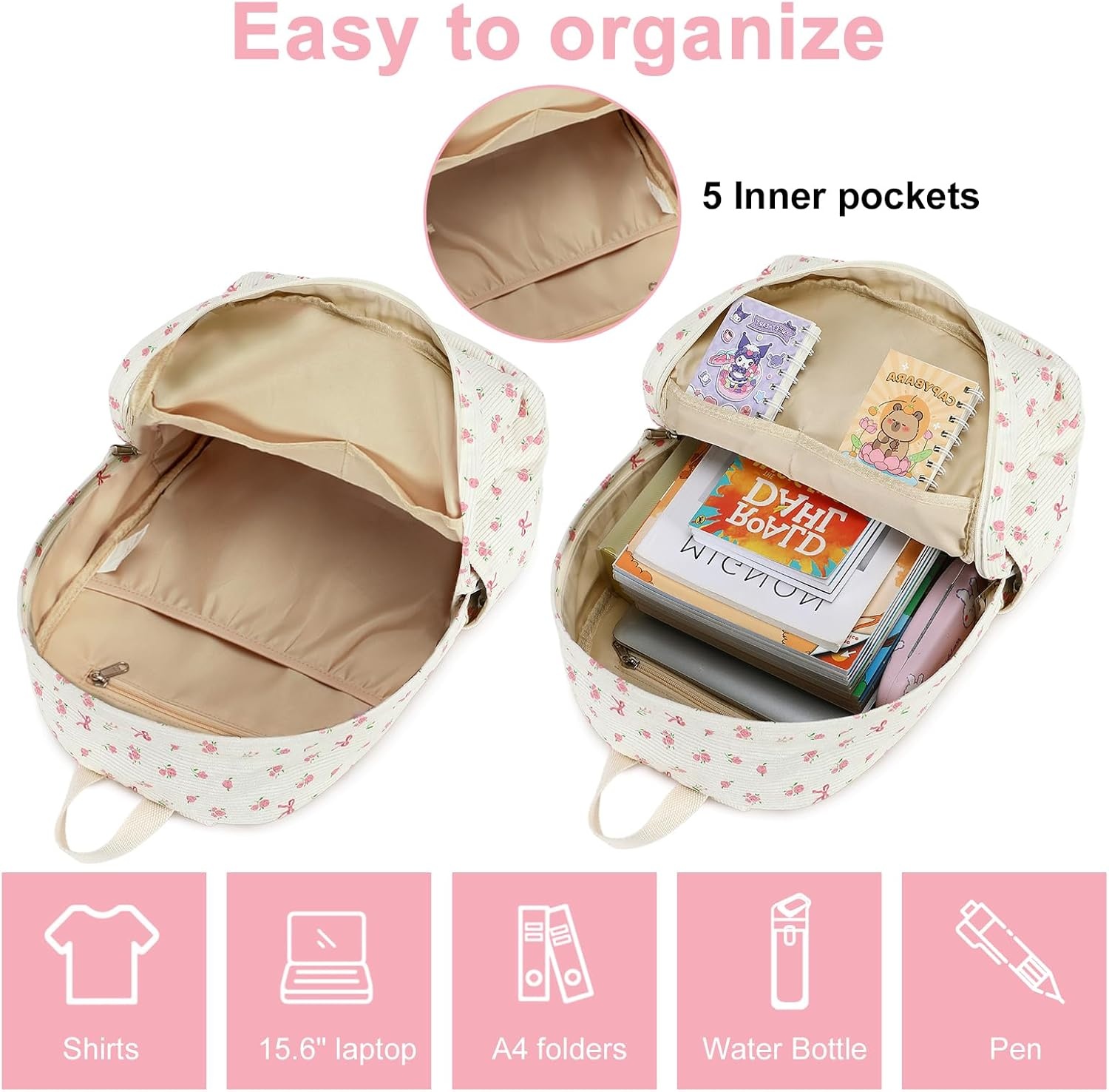 image:imageBTOOP School Backpacks for Teen Girls Bookbags Lightweight Kids Backpack School Bags Set with Lunch Box Pencil CaseApink Bowflower