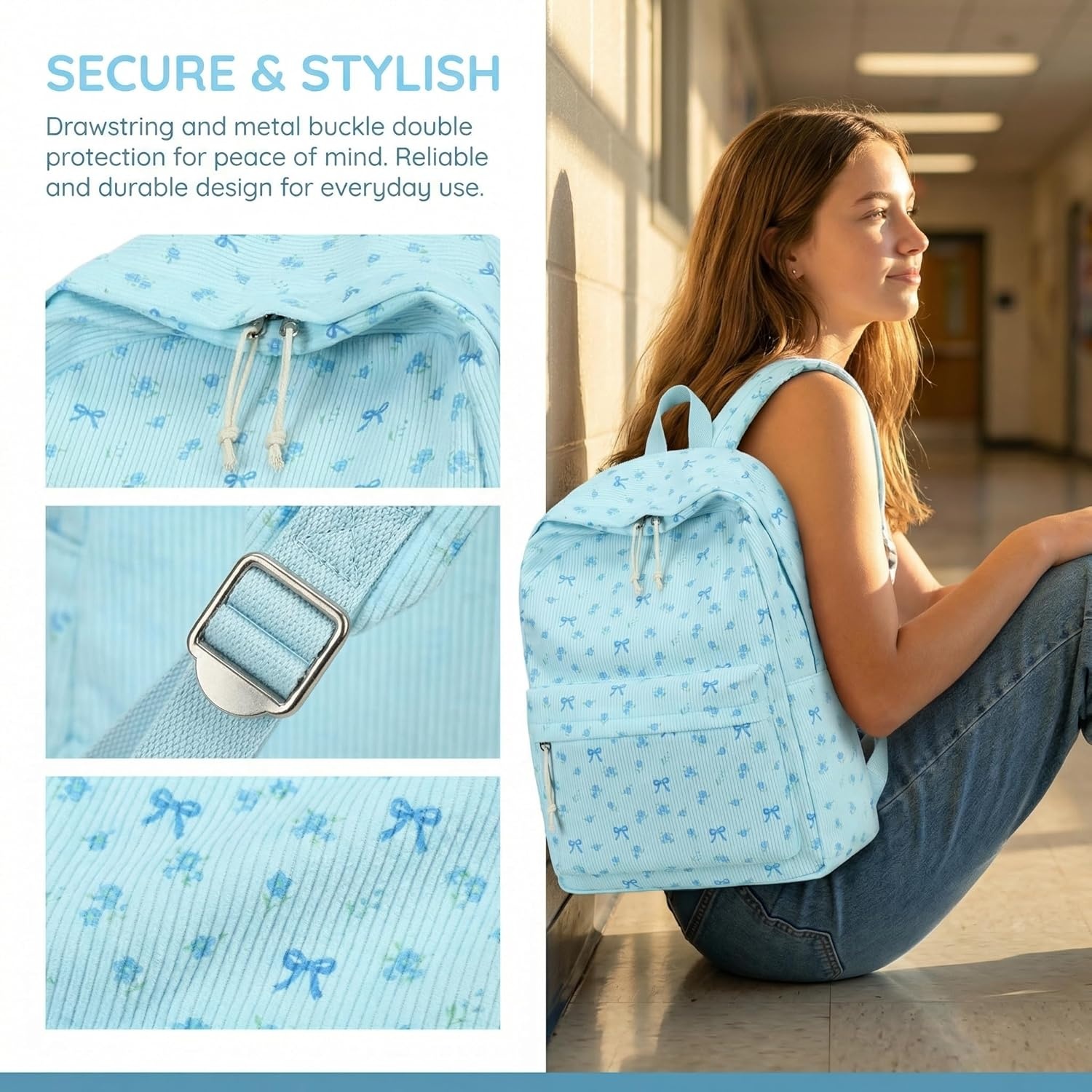 image:imageBTOOP School Backpacks for Teen Girls Bookbags Lightweight Kids Backpack School Bags Set with Lunch Box Pencil CaseBlue Bow