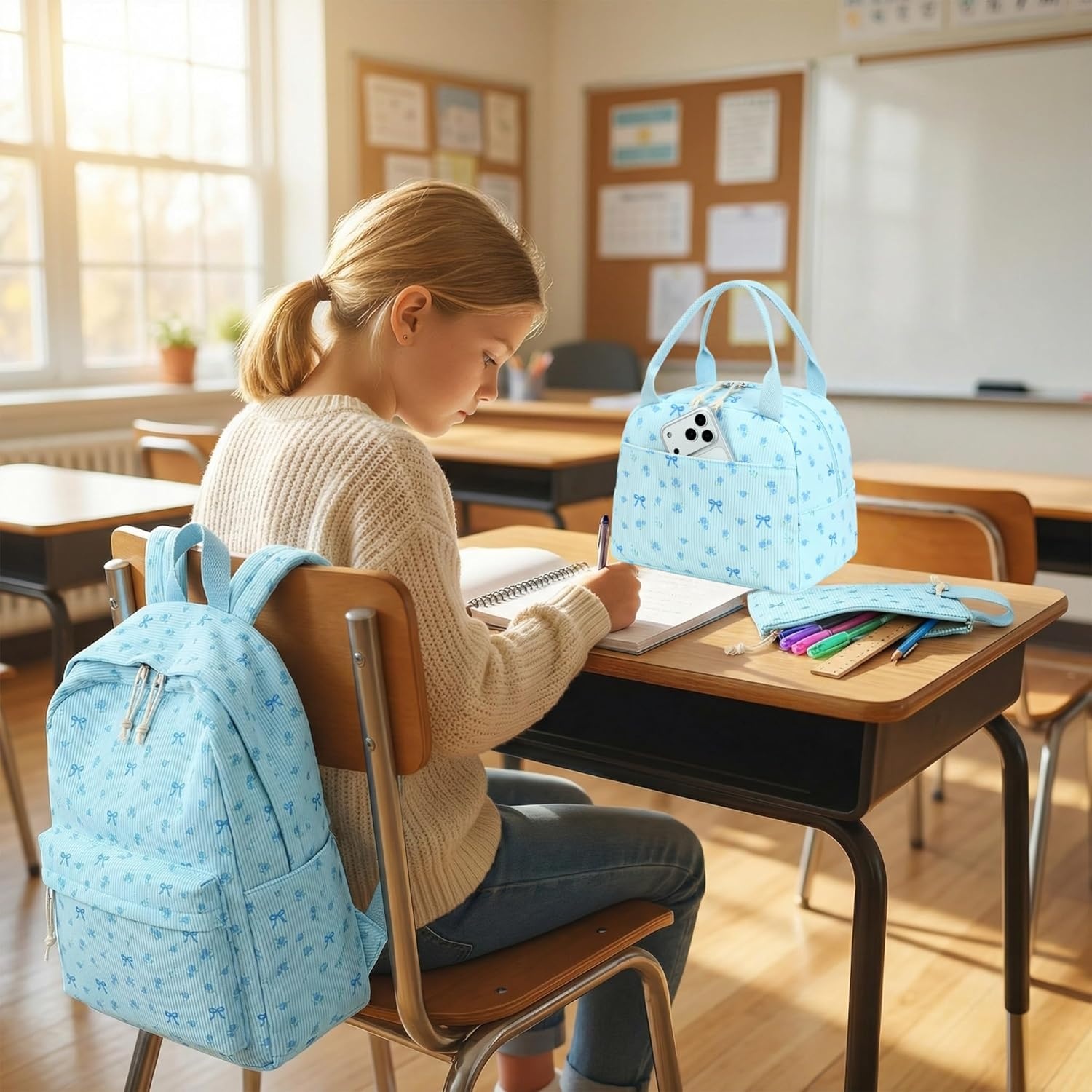image:imageBTOOP School Backpacks for Teen Girls Bookbags Lightweight Kids Backpack School Bags Set with Lunch Box Pencil CaseBlue Bow