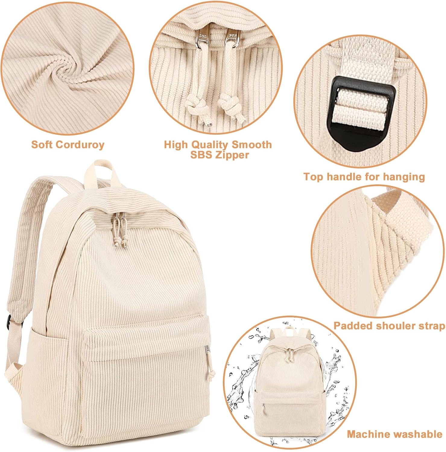 image:imageBTOOP School Backpacks for Teen Girls Bookbags Lightweight Kids Backpack School Bags Set with Lunch Box Pencil CaseCorduroy Beige