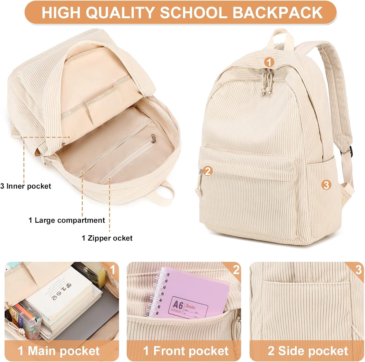 image:imageBTOOP School Backpacks for Teen Girls Bookbags Lightweight Kids Backpack School Bags Set with Lunch Box Pencil CaseCorduroy Beige